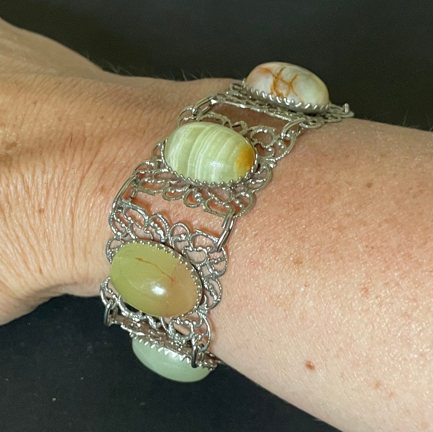 Vintage Giuliano Fratti, Milan (GM) signed pale green marble cabochon designer bracelet, heavy stones in silver tone filigree settings