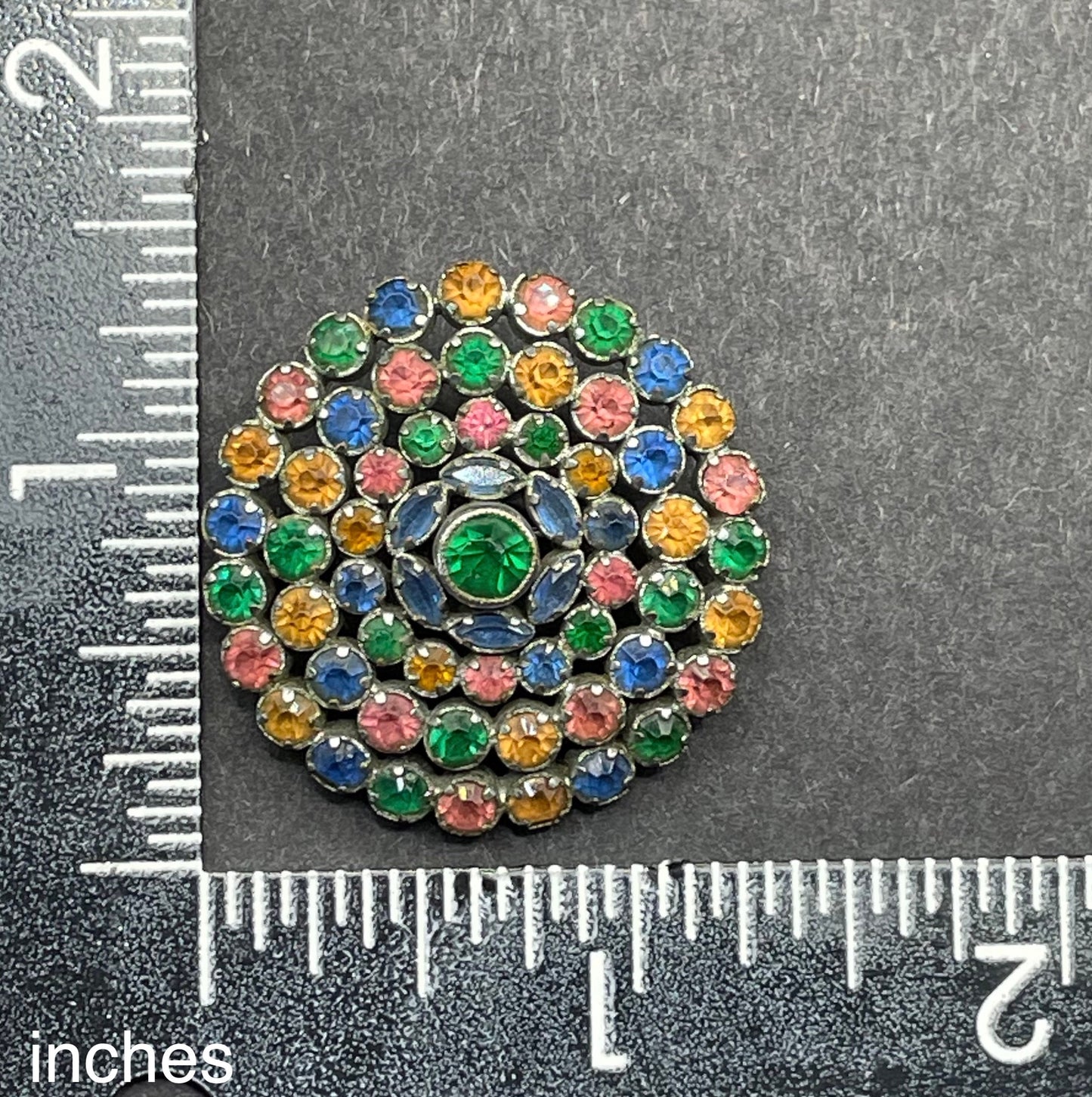 Vintage multi-coloured crystal floral cluster brooch - pink, yellow, blue and green colourful rhinestones set open-backed in silver tone