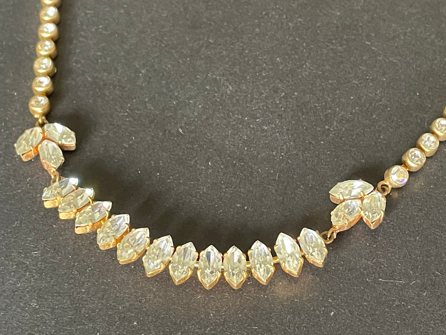 Vintage Art Deco Czech clear crystal paste and gold tone necklace, clear collet set rhinestone riviere with pretty marquise cut stones