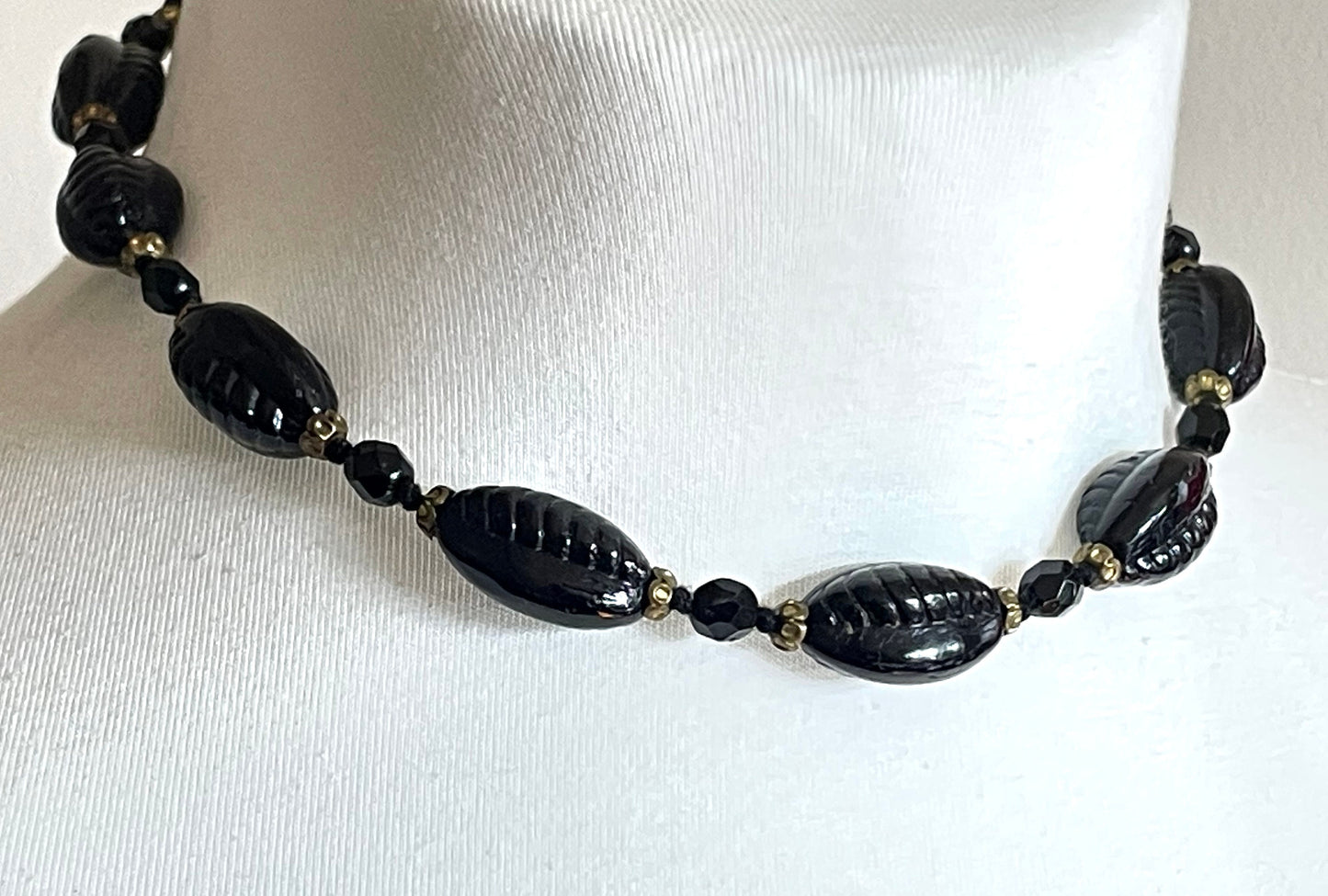 Vintage Art Deco French jet moulded glass beaded necklace, Neiger style pressed black glass czech beads