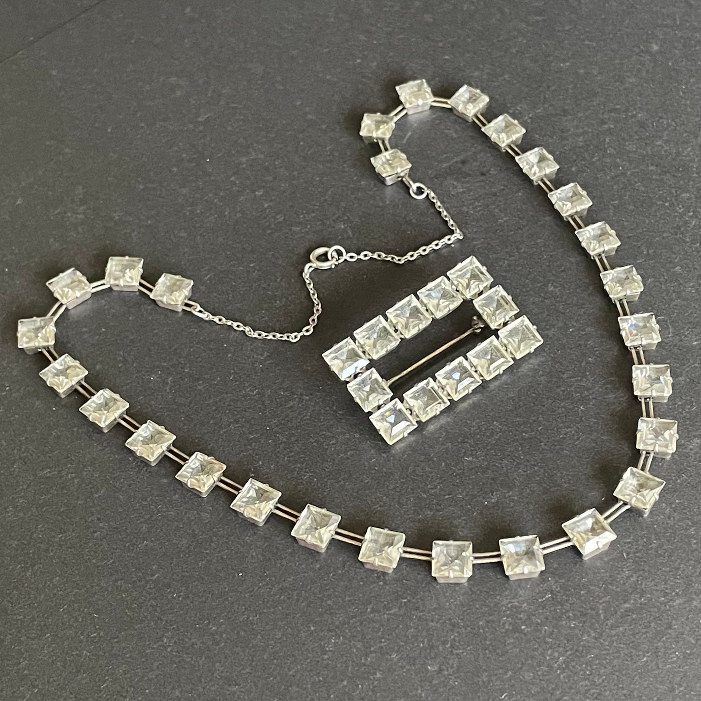 Vintage sterling silver Art Deco diamond ice clear crystal square rhinestone riviere choker necklace and brooch set, bezel set, open backed