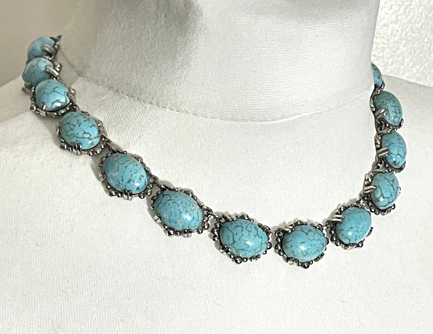 Vintage Sphinx turquoise glass riviere necklace, heavy, bezel set, open-backed stones in ornate silver tone setting