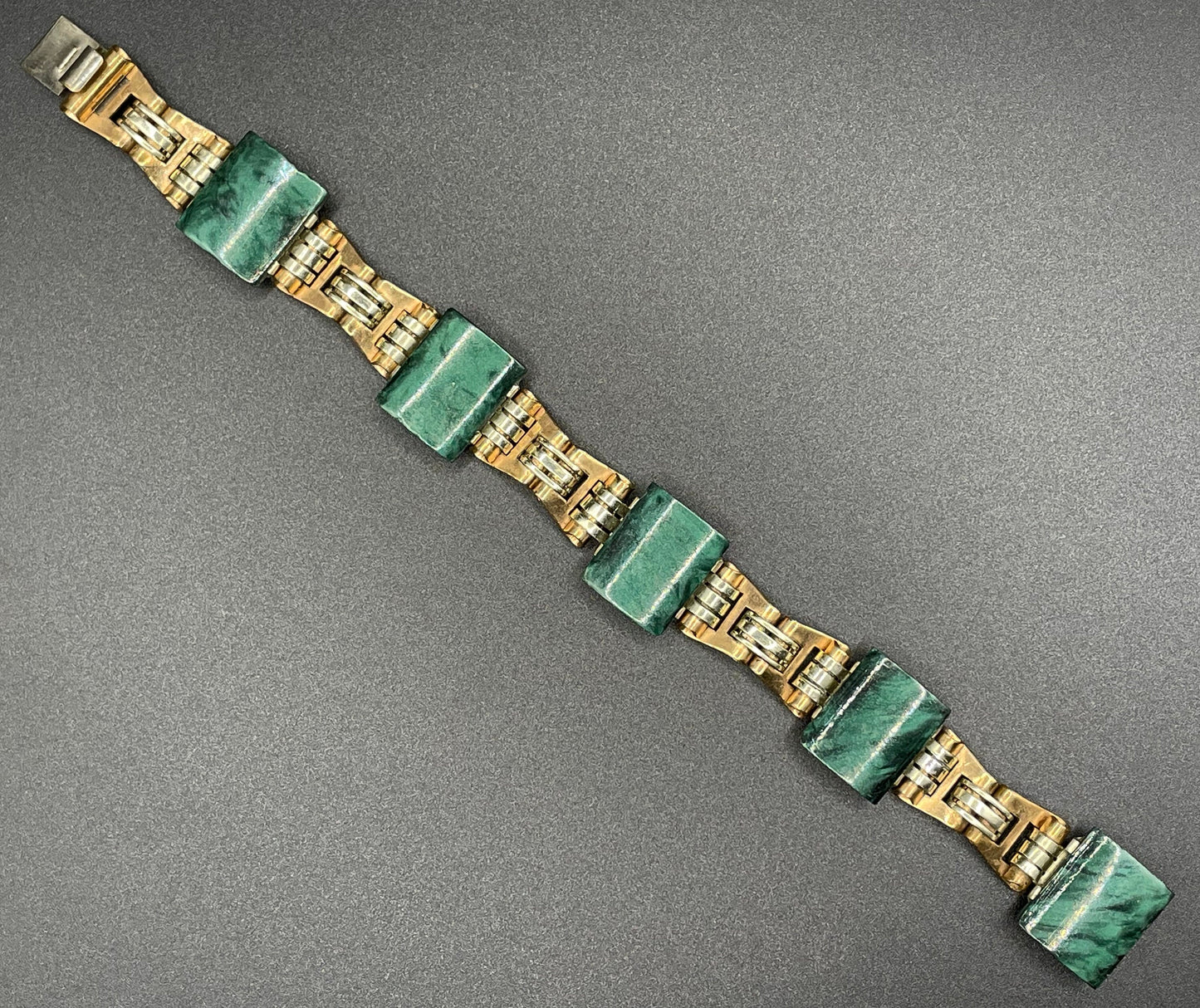 Vintage Jakob Bengel Art Deco machine age chrome, copper tone and marbled, deep green galalith panel bracelet