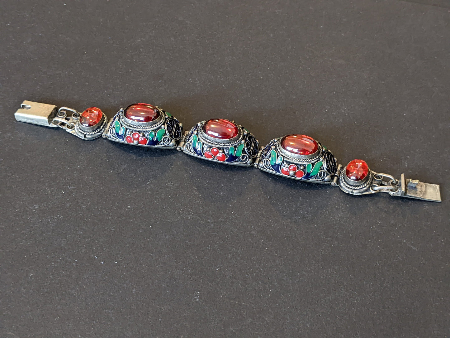 Vintage / antique huge ruby red cabochon, red, green & blue enamel filigree silver bracelet, Chinese export 'Peking style bracelet'