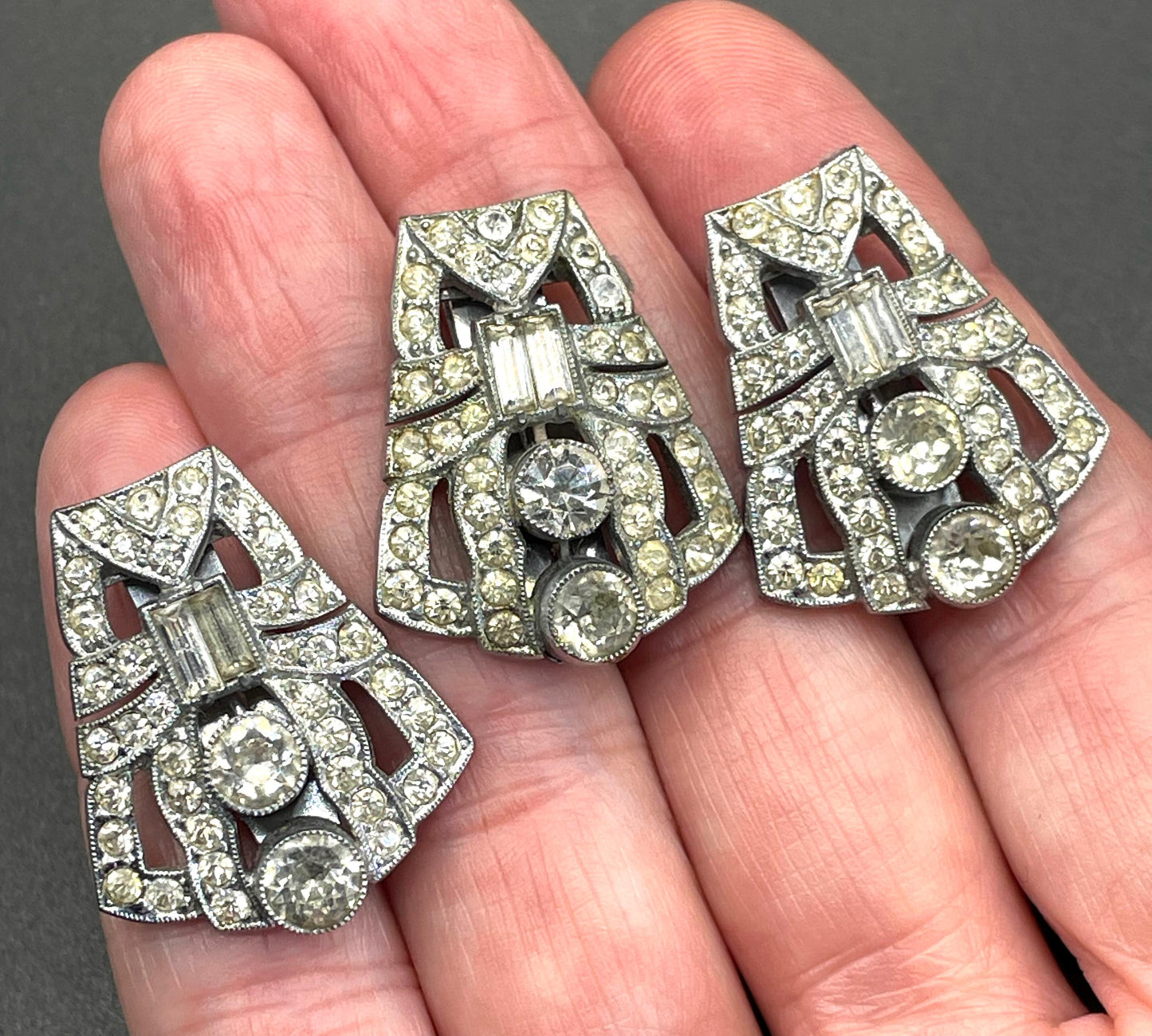 Unusual vintage Art Deco duette / triette - a clear rhinestone silver tone brooch which can be converted to three dress clips - metamorphic