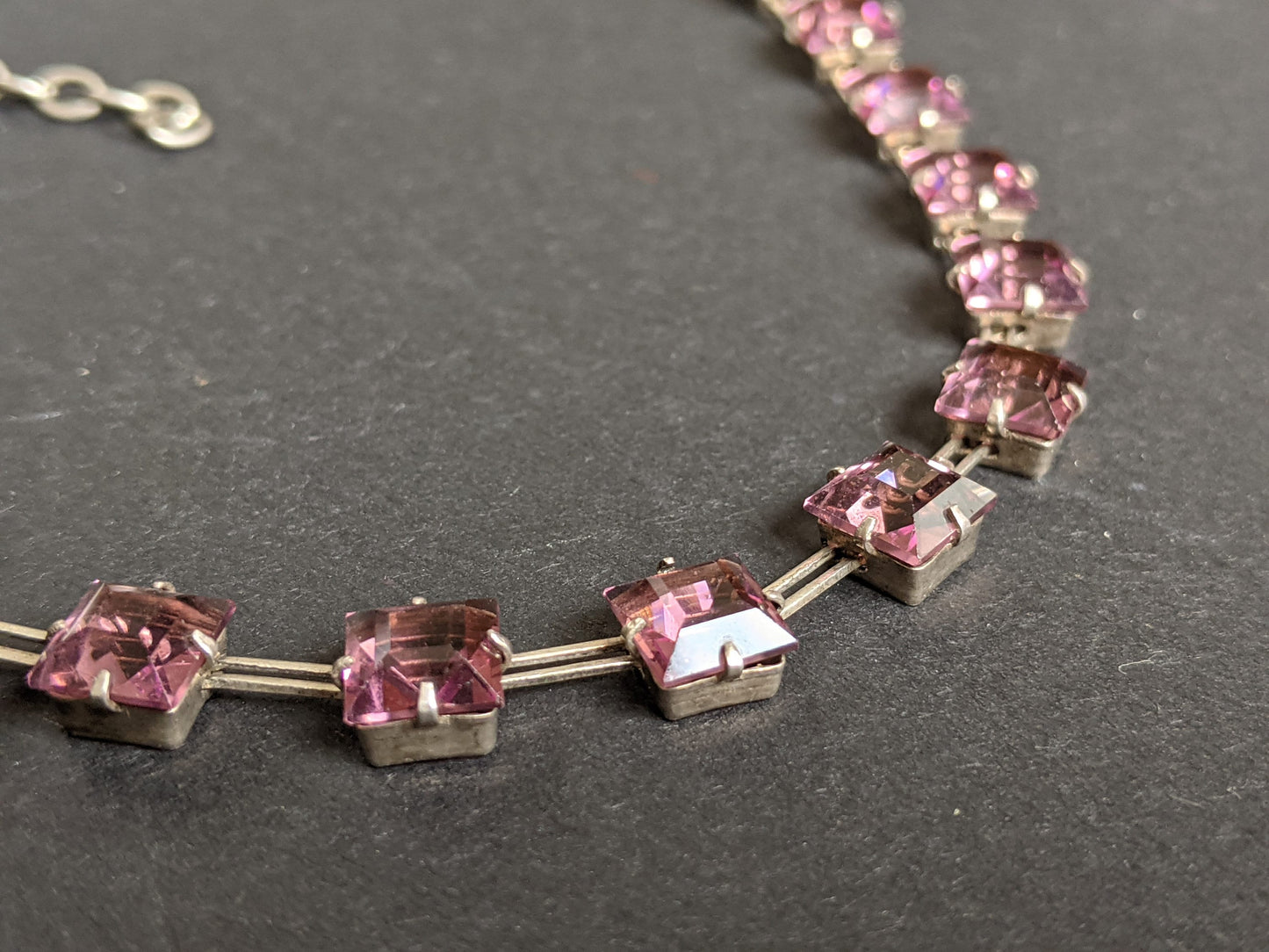 Vintage sterling silver Art Deco amethyst purple princess cut / square crystal riviere necklace bezel set, open backed