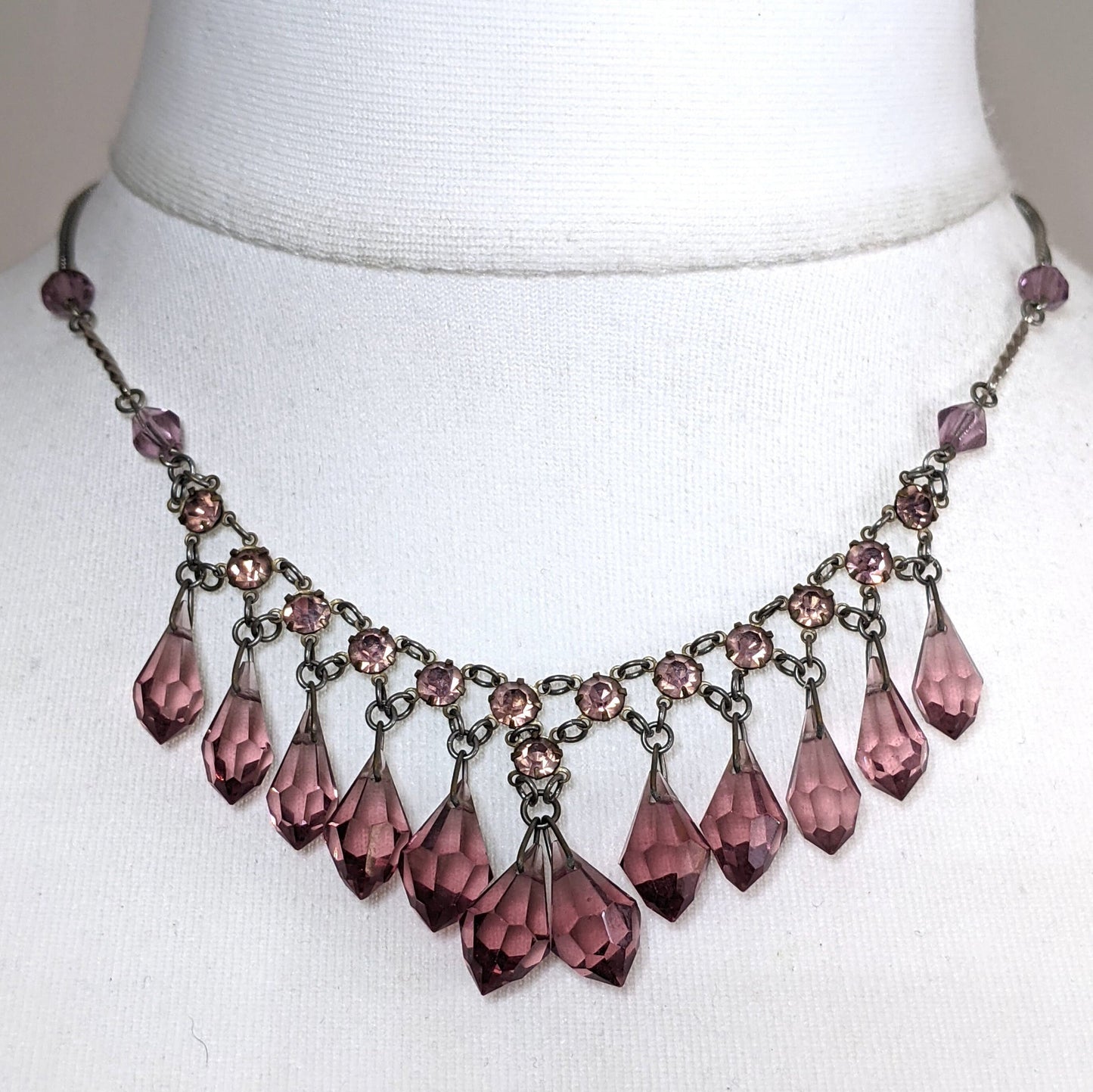 Vintage Art Deco crystal rhinestone delicate fringe necklace, amethyst purple