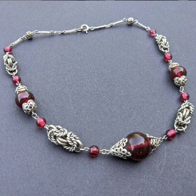 Vintage Art Deco red glass and chrome machine age necklace - Jakob Bengel attributed