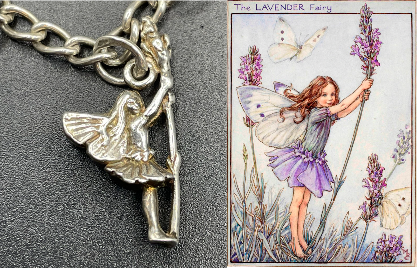 Vintage Cicely Mary Barker Flower Fairies 925 sterling silver fairy charm bracelet hallmarked by ASJ jewellers, 25 grams