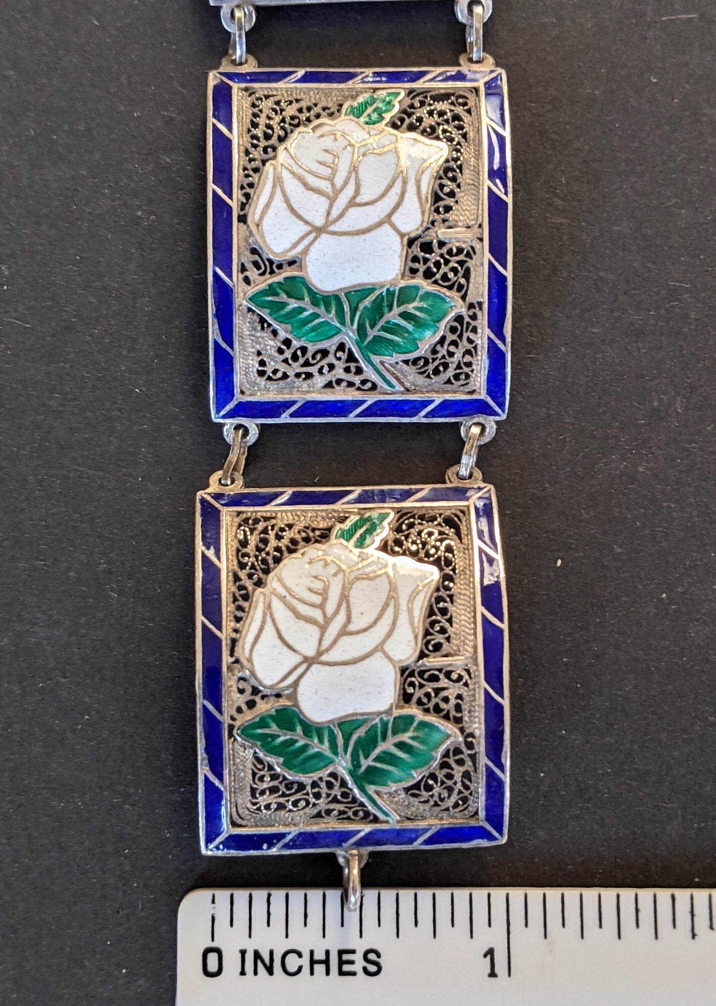 Vintage / antique fine sterling silver (tested) and white, green and blue enamel bracelet - floral rose panels, filigree silver