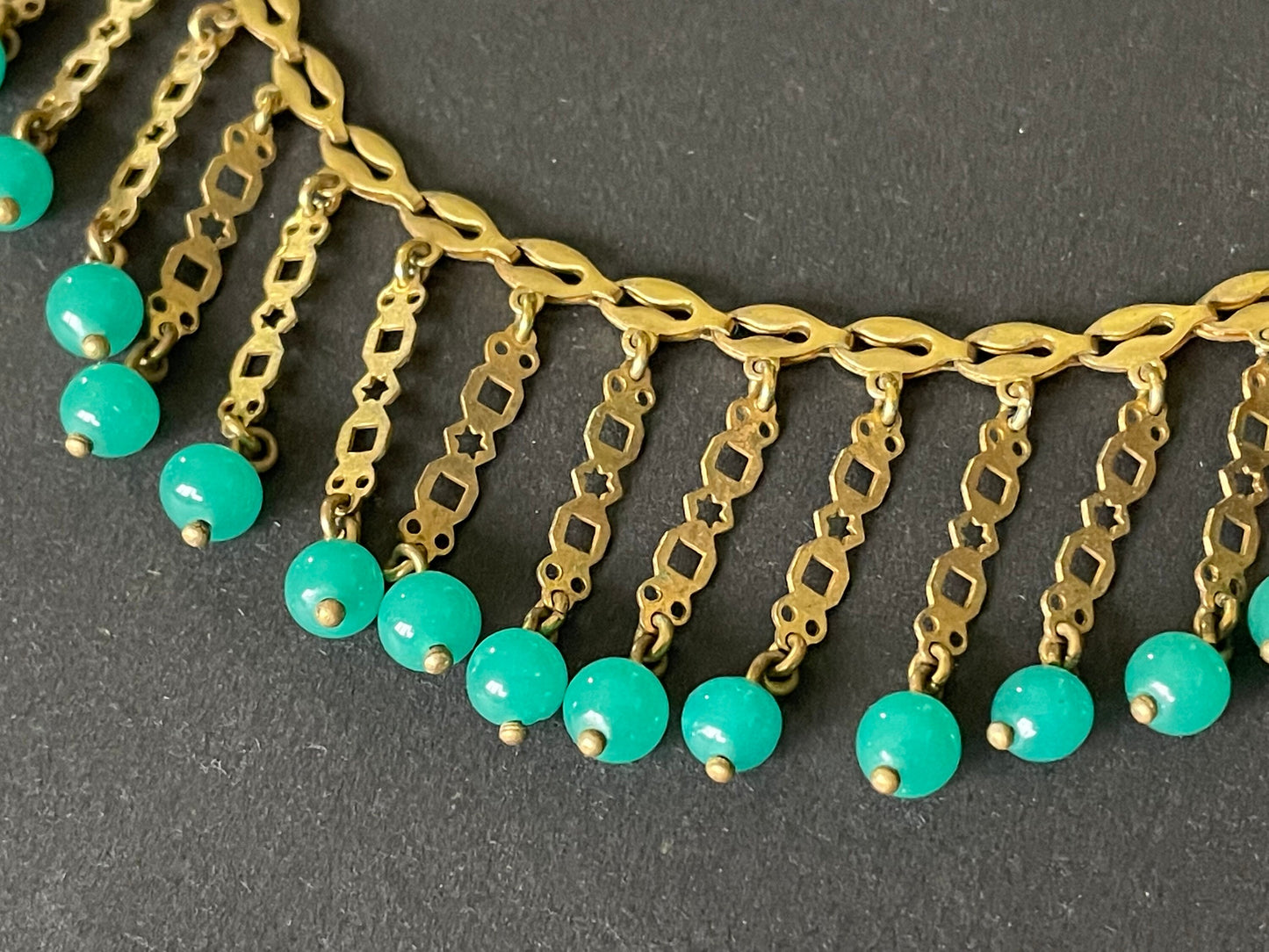 Vintage Art Deco machine age gold tone and jade green glass bead fringe necklace, beautiful workmanship, possible Jakob Bengel