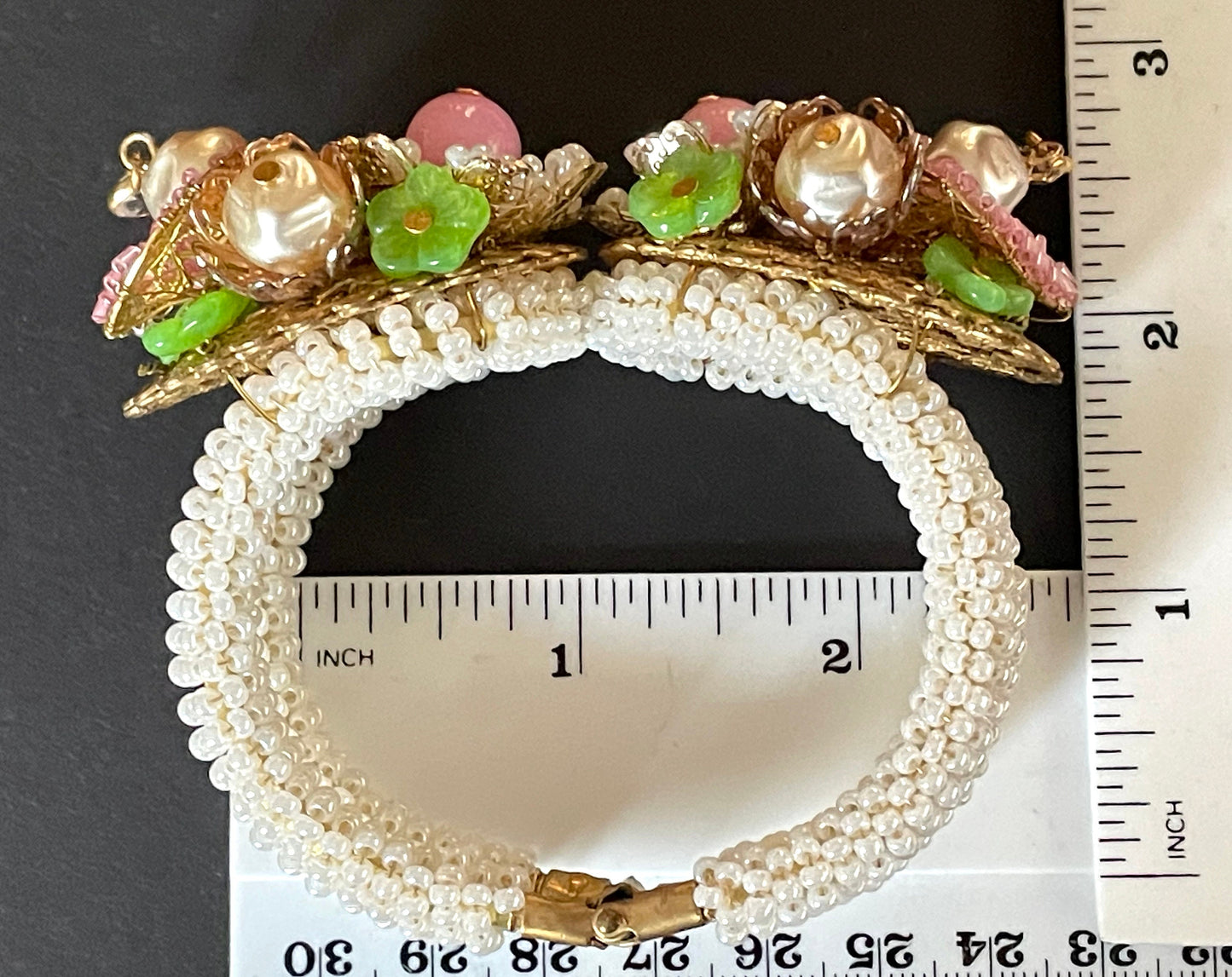 Vintage elaborate glass beaded floral clamper bangle with intricate micro beading and silver tone filigree, pink, green, white & faux pearl