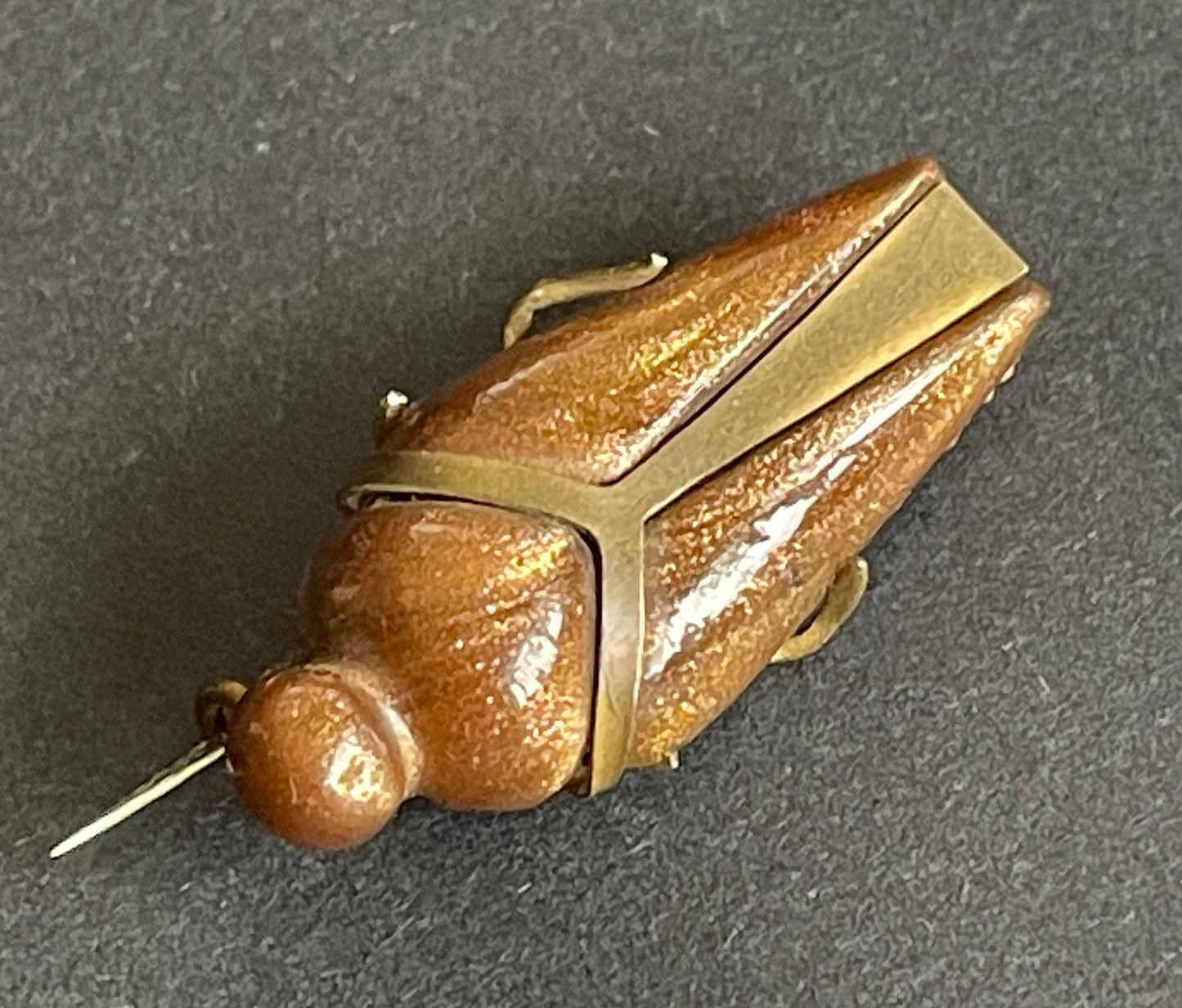 Antique Victorian moulded goldstone and gold tone brass scarab type beetle brooch