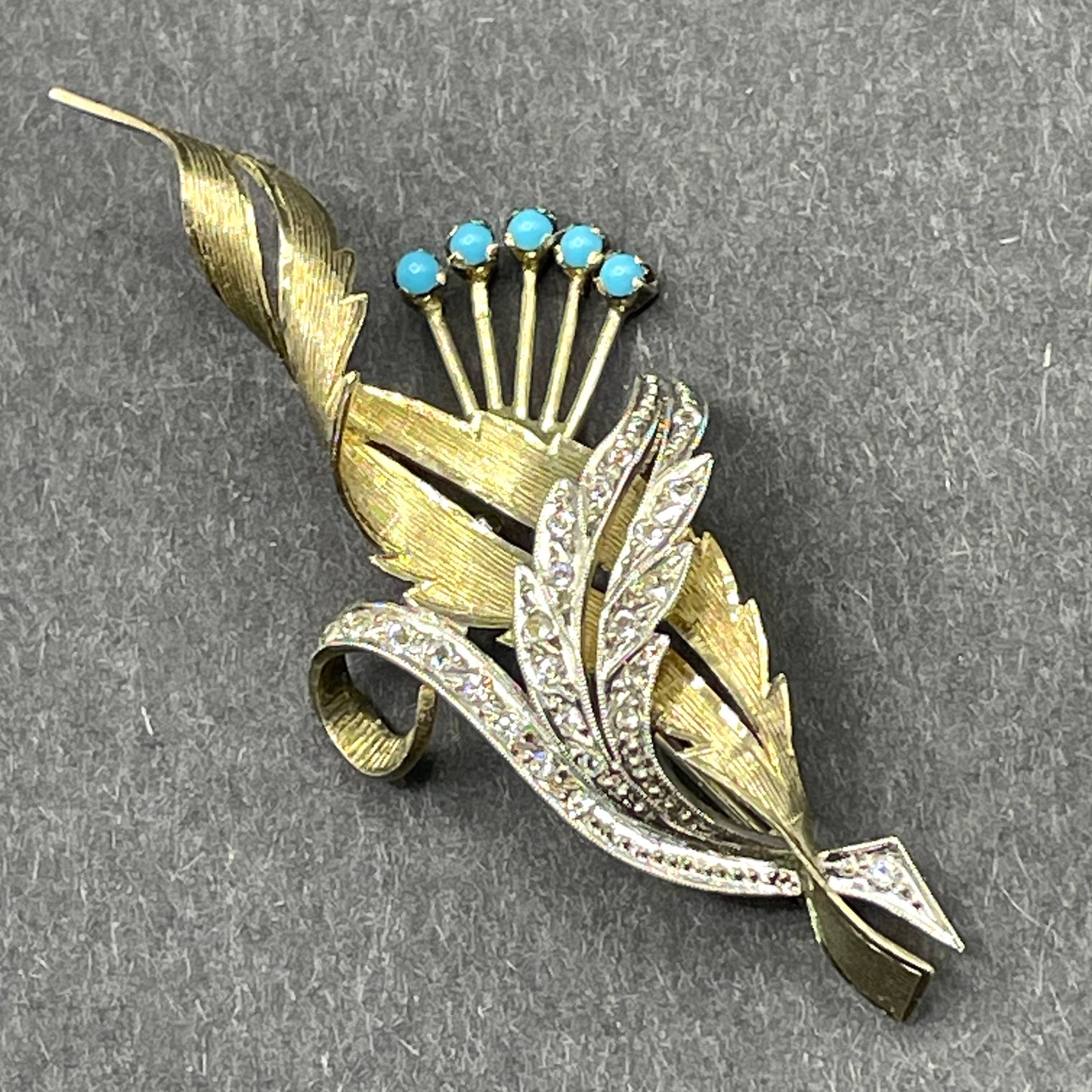 Beautiful vintage gold and silver tone floral leaf spray bouquet brooch, delicate settings, turquoise cabochons and cubic zirconia stones