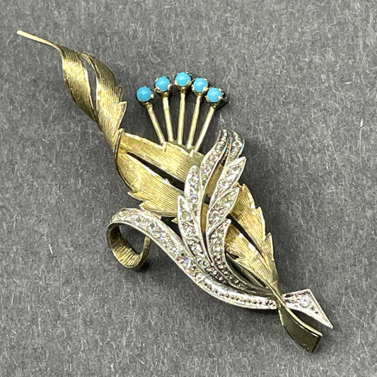 Beautiful vintage gold and silver tone floral leaf spray bouquet brooch, delicate settings, turquoise cabochons and cubic zirconia stones