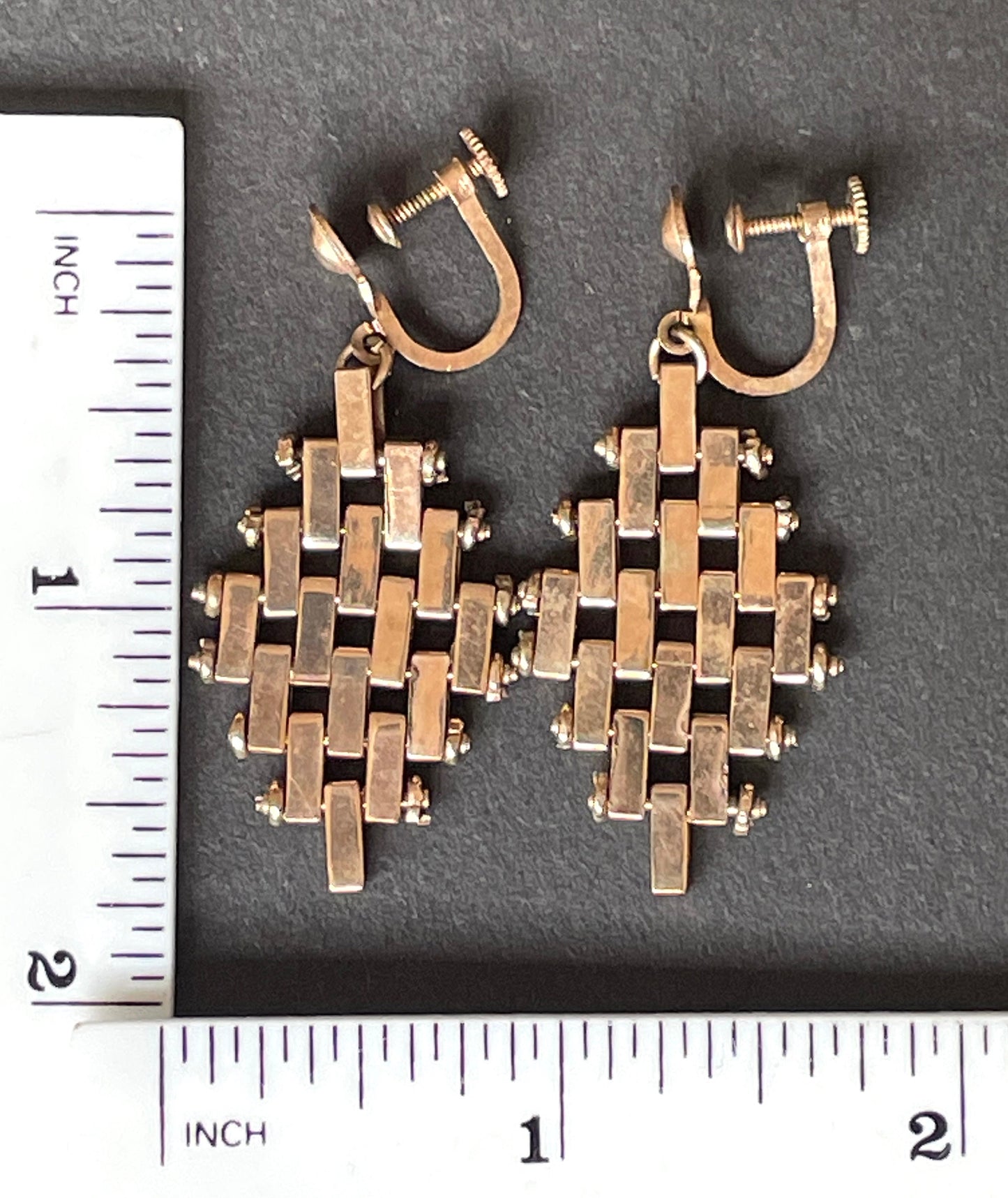 Vintage Jakob Bengel brickwork / mauerwerk gold tone screw back earrings Art Deco 1930s machine age