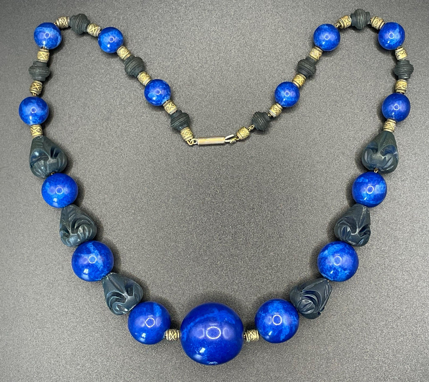 Vintage Louis Rousselet Art Deco bright blue glass, carved galalith and gold tone bead necklace, strung on slim foxtail chain - as seen