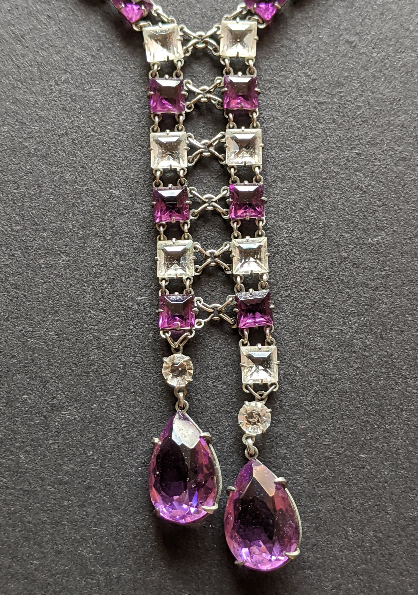 Vintage Art Deco clear & amethyst purple paste silver tone riviere negligee necklace with open backed bezel set square rhinestones