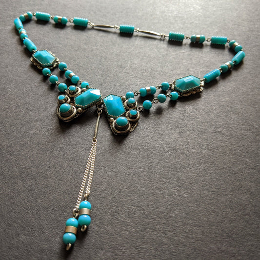 Vintage Art Deco Czech Neiger Brothers style turquoise glass and silver tone negligee necklace, front fastening (plus free gift earrings)