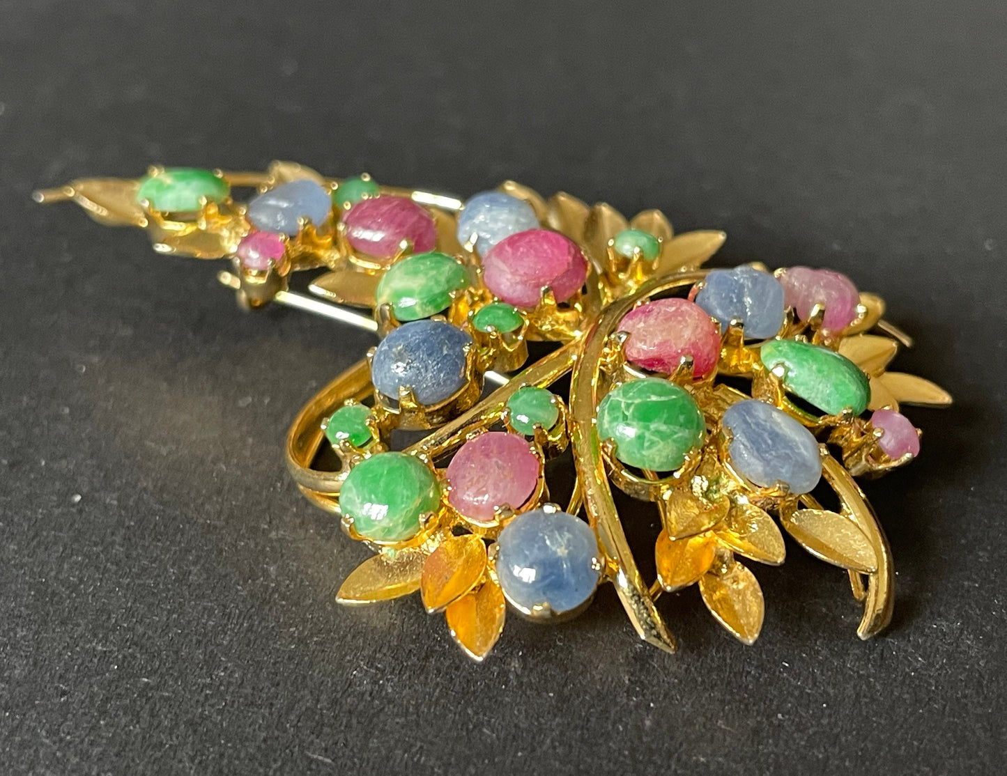 Large vintage pastel colour gemstone cabochon floral spray bouquet brooch, delicate gold tone settings, raw ruby, emerald, sapphire