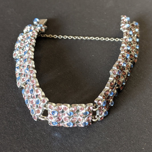 Vintage Art Deco blue and pink Czech rhinestone cocktail bracelet, pretty floral daisy design