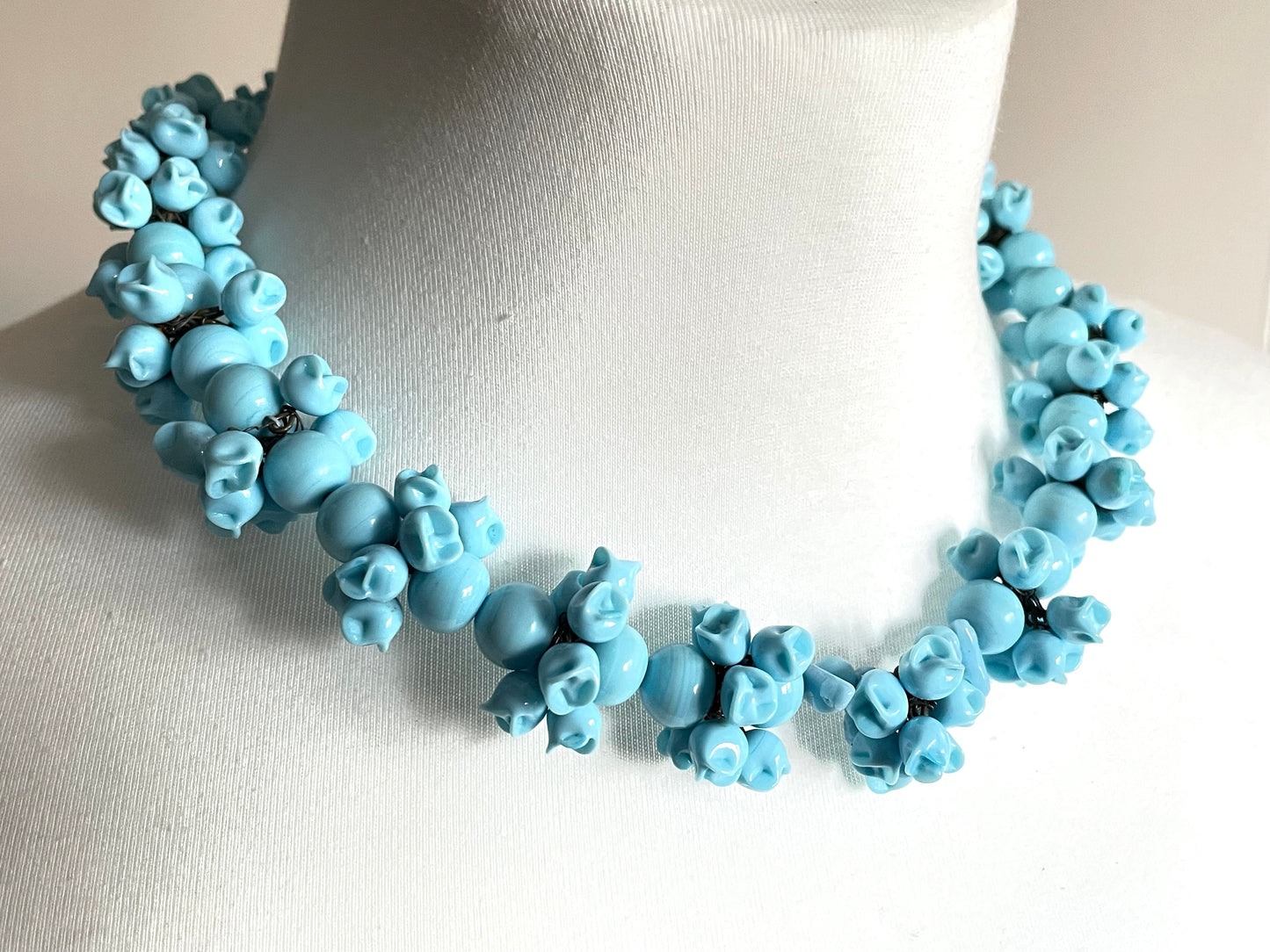 Large, heavy vintage baby blue poured or moulded milk glass beaded garland necklace