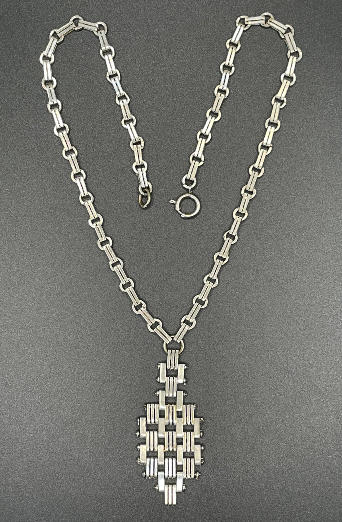 Vintage Jakob Bengel Art Deco brickwork / mauerwerk machine age chrome Y lariat necklace