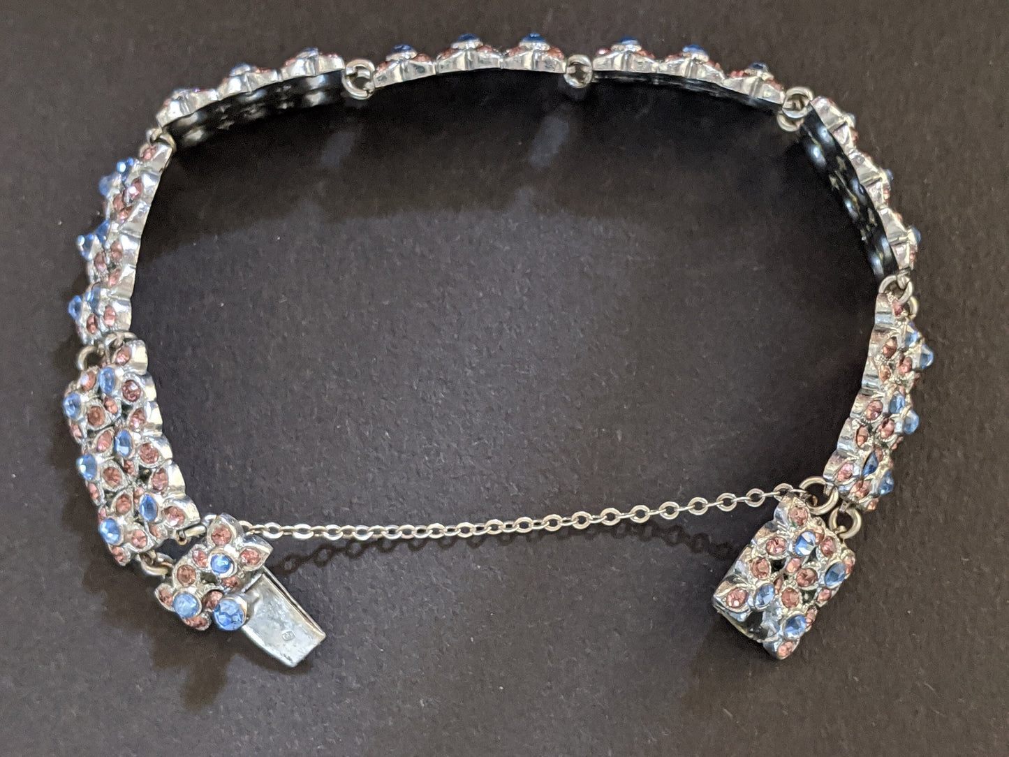 Vintage Art Deco blue and pink Czech rhinestone cocktail bracelet, pretty floral daisy design