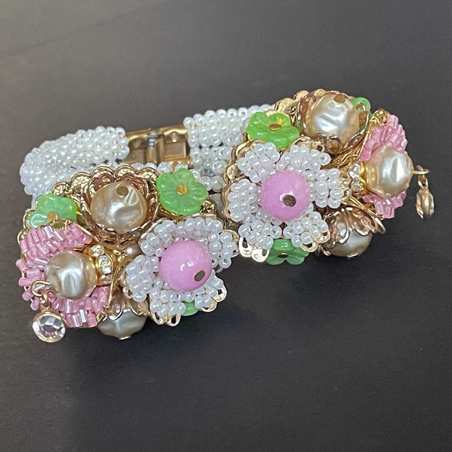 Vintage elaborate glass beaded floral clamper bangle with intricate micro beading and silver tone filigree, pink, green, white & faux pearl