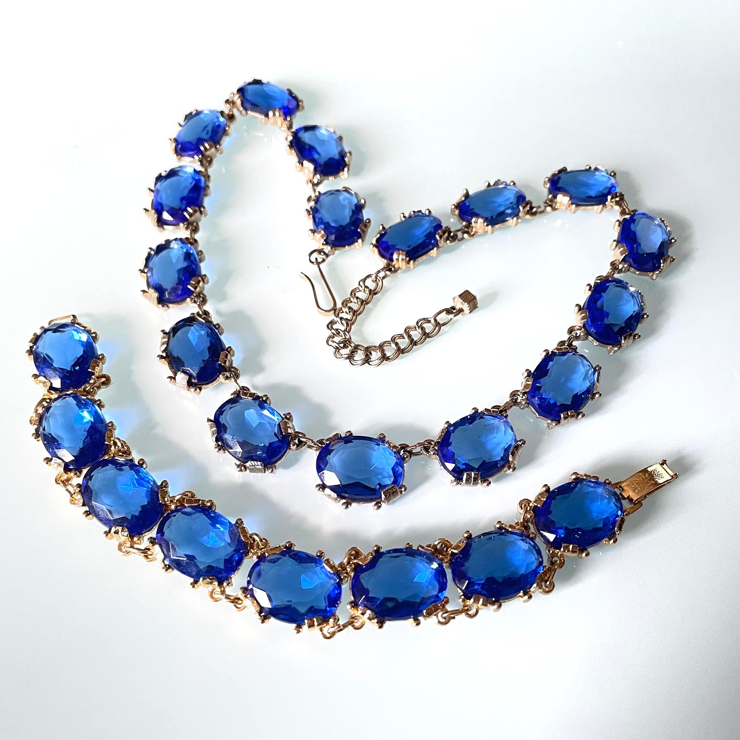 Vintage vibrant royal blue large crystal riviere necklace and bracelet set, by Sphinx, a very rare colour