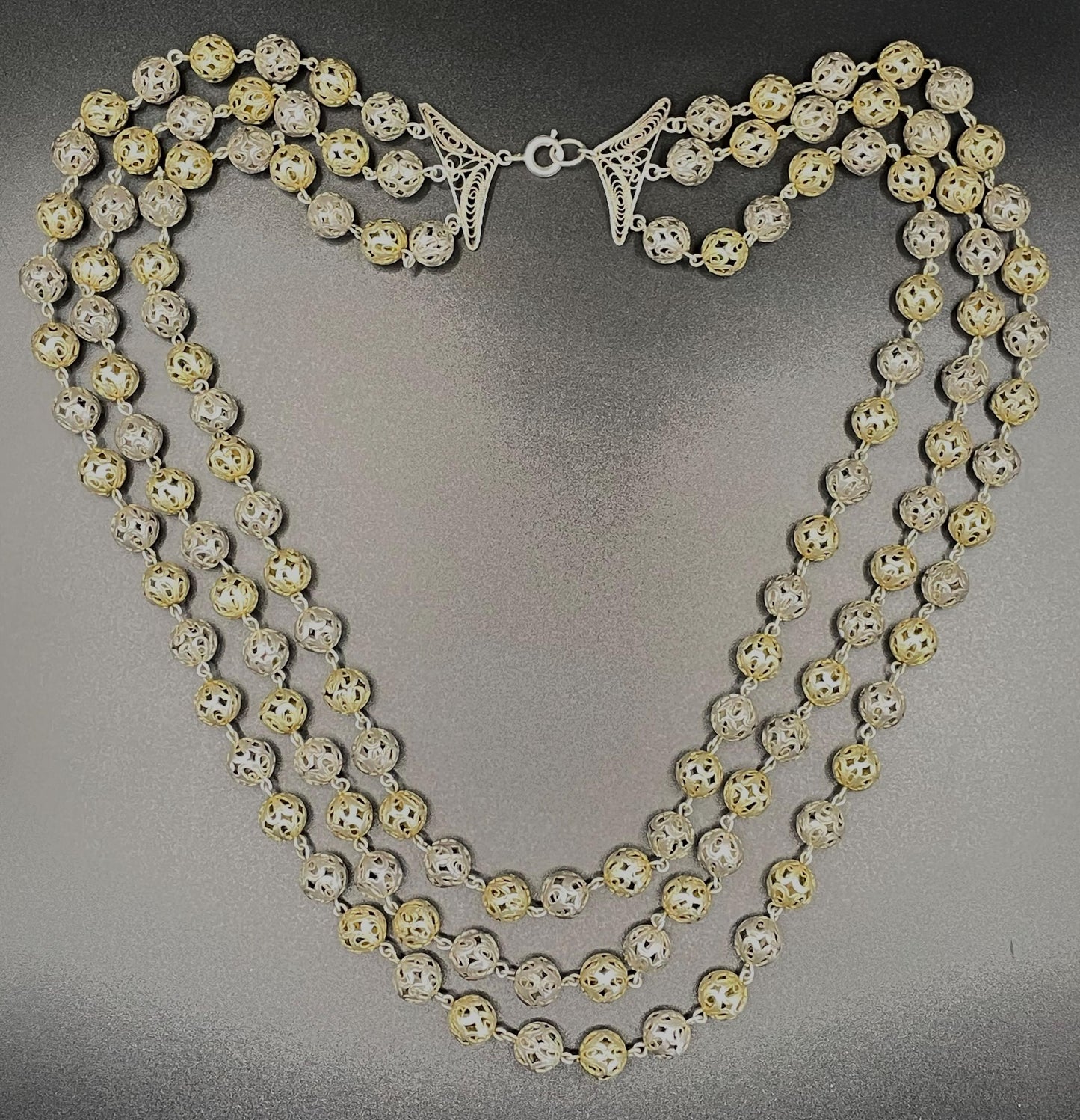 Antique sterling silver (tested) filigree bead, triple stranded necklace - gorgeous alternating silver and gold vermeil beads, 76 grams