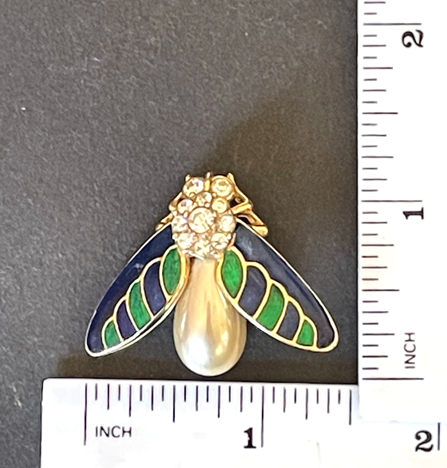 Vintage signed Attwood and Sawyer ( A&S ) gold plated with clear rhinestones, green and blue enamel and glass pearl, fly bee insect brooch