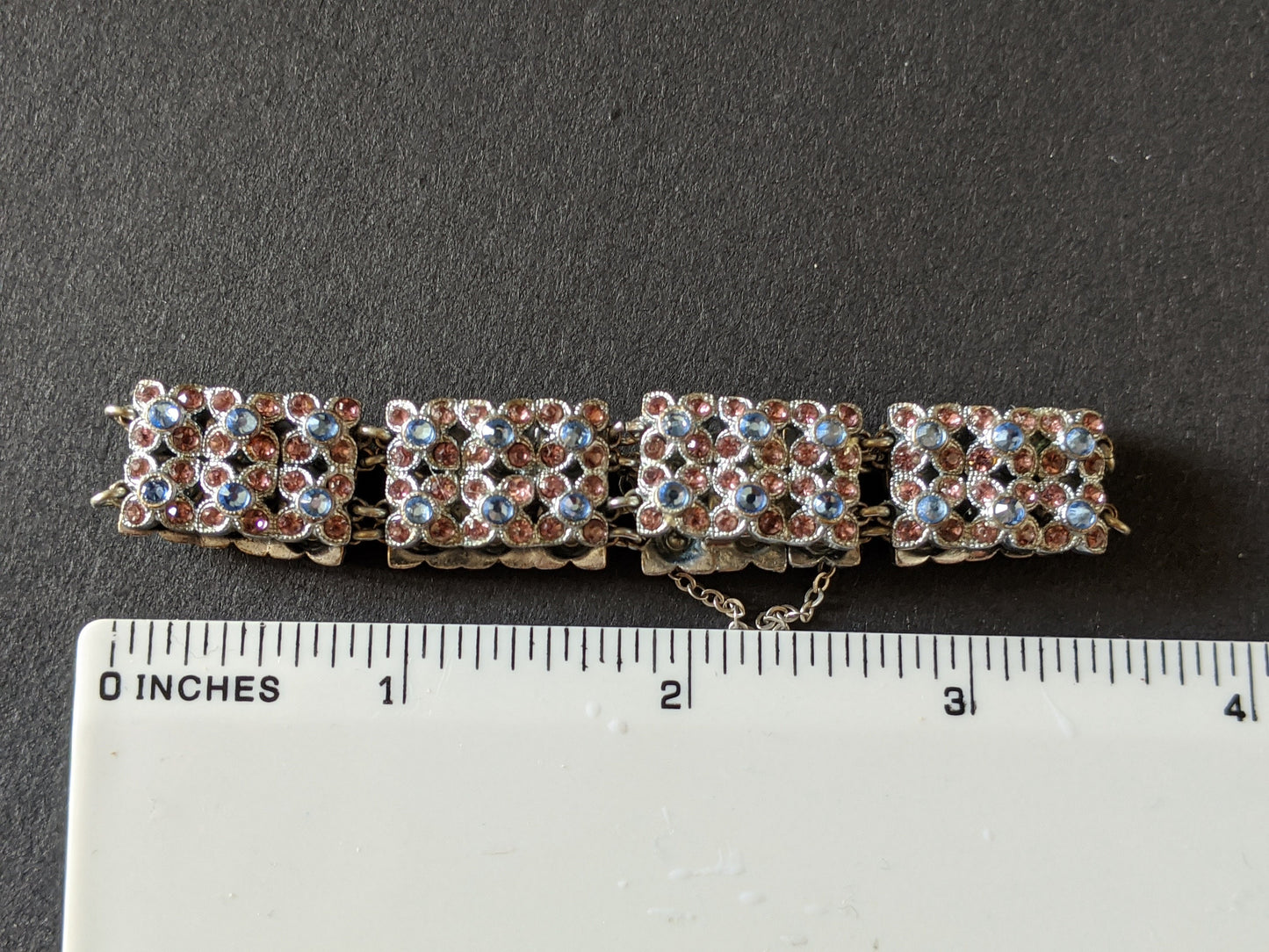 Vintage Art Deco blue and pink Czech rhinestone cocktail bracelet, pretty floral daisy design