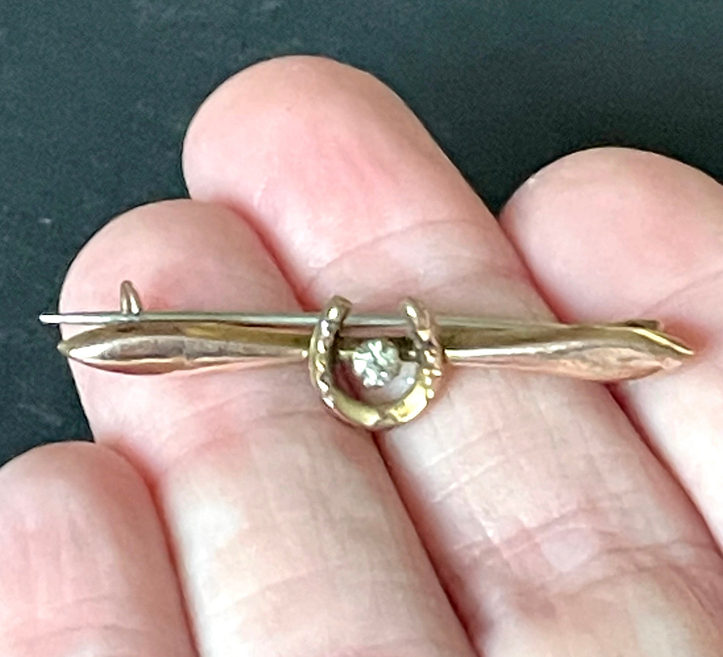 Antique 9ct gold and clear stone horseshoe bar brooch, gorgeous petite equestrian pin, yellow and rose gold hues