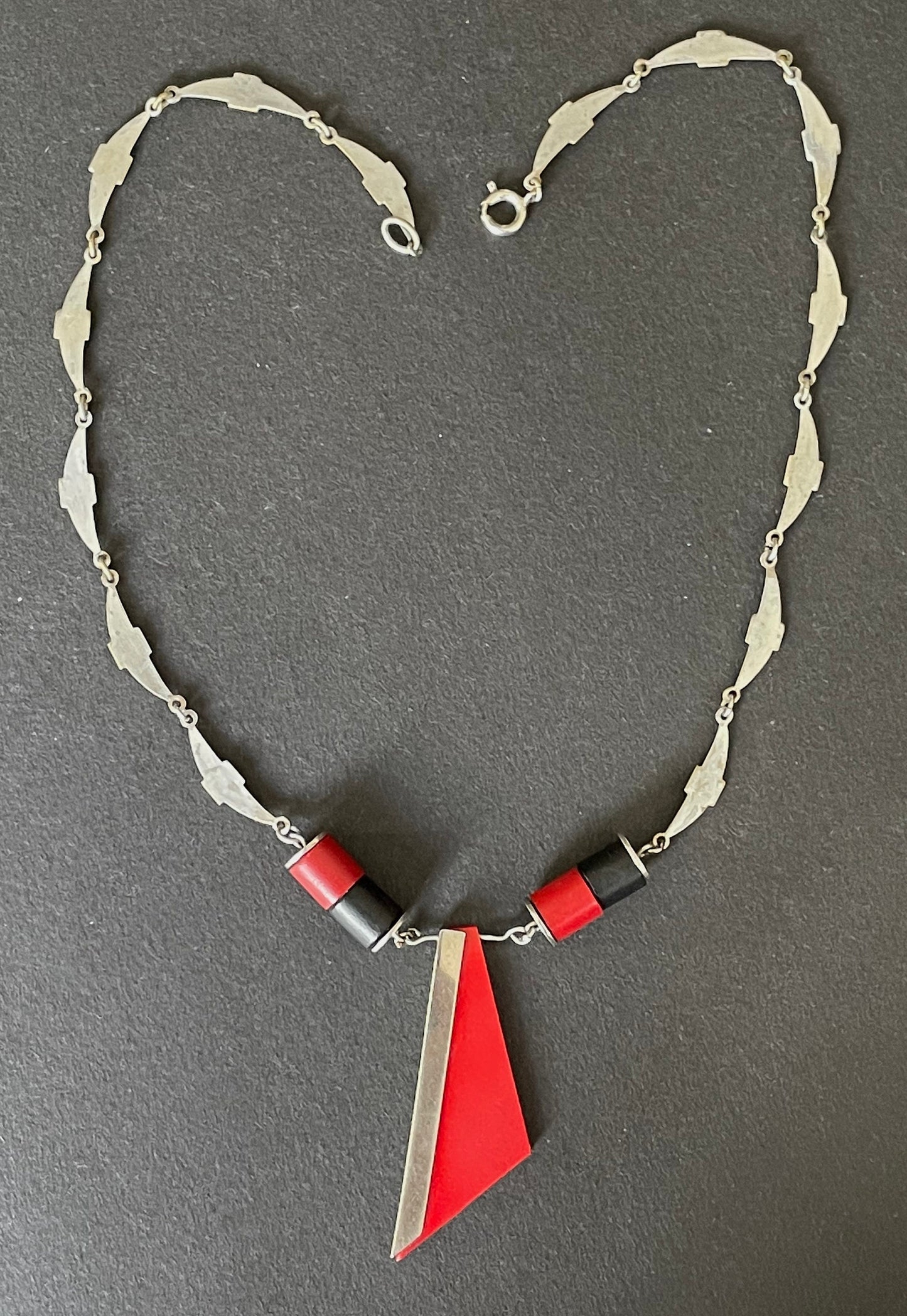 Vintage Jakob Bengel Art Deco machine age chrome, monochrome red and black galalith geometric necklace 1930s