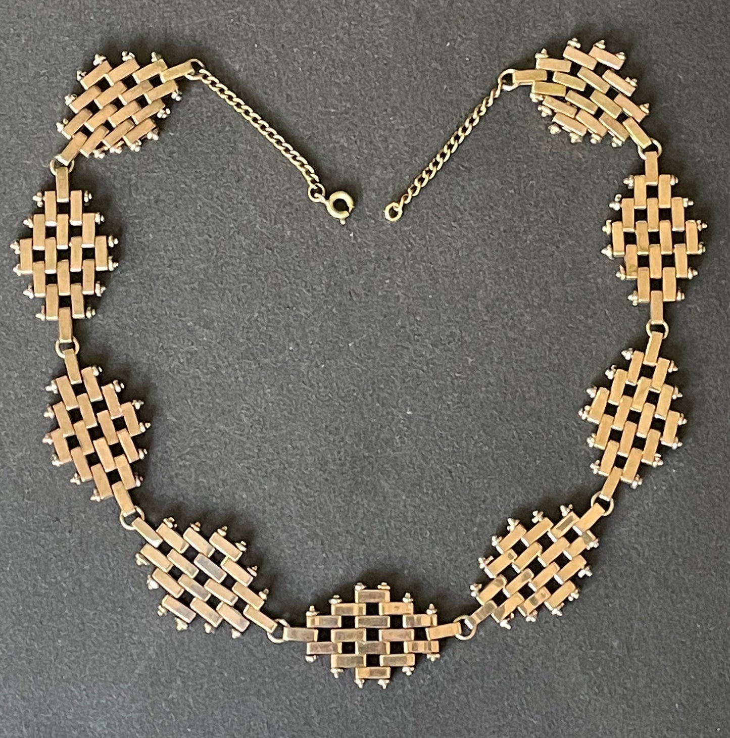 Vintage Jakob Bengel Art Deco brickwork / mauerwerk machine age gold tone choker necklace, geometric design