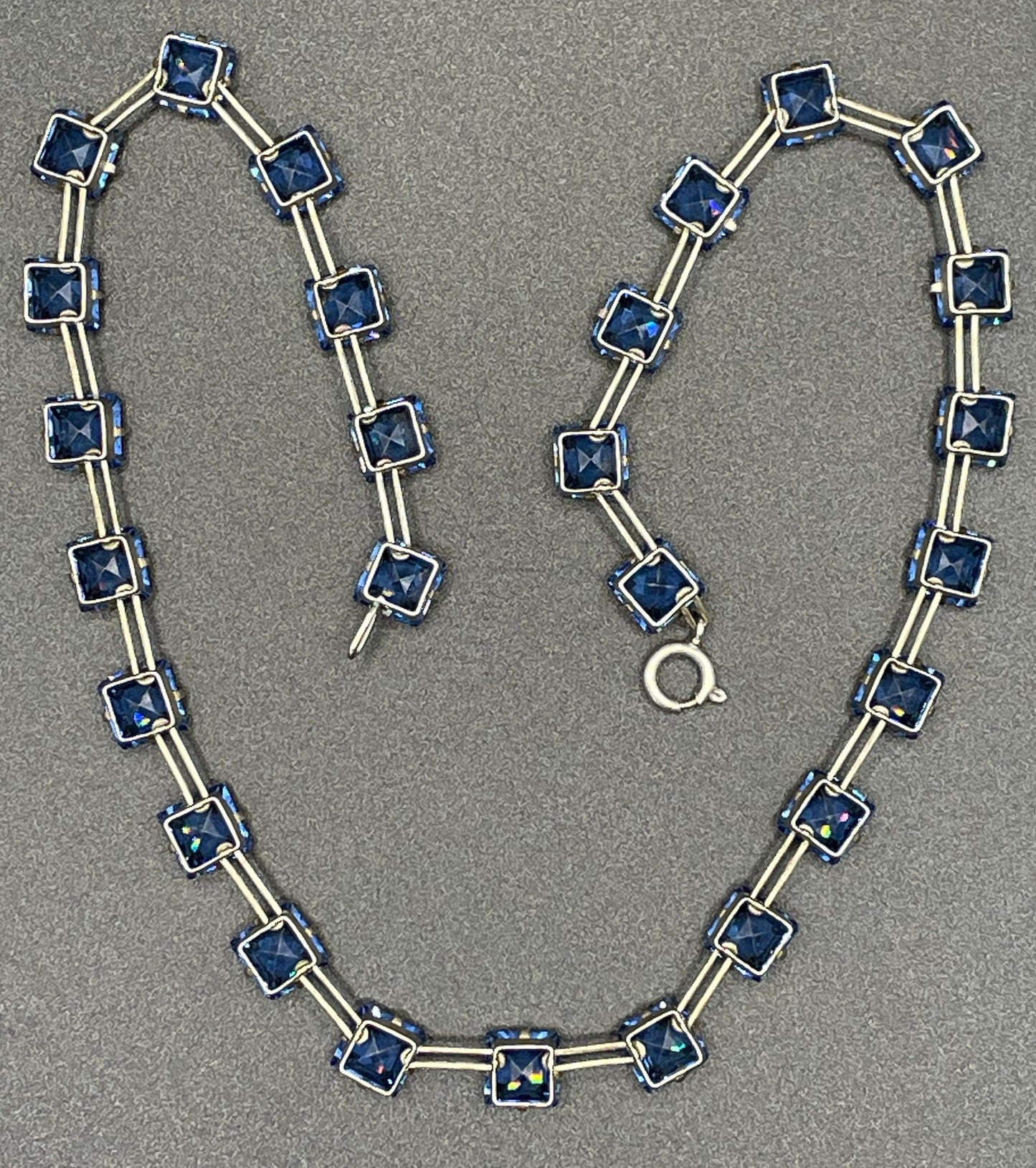 Vintage Sterling silver Art Deco bezel set sapphire blue crystal riviere necklace, open-backed princess cut (square) rhinestones, hallmarked