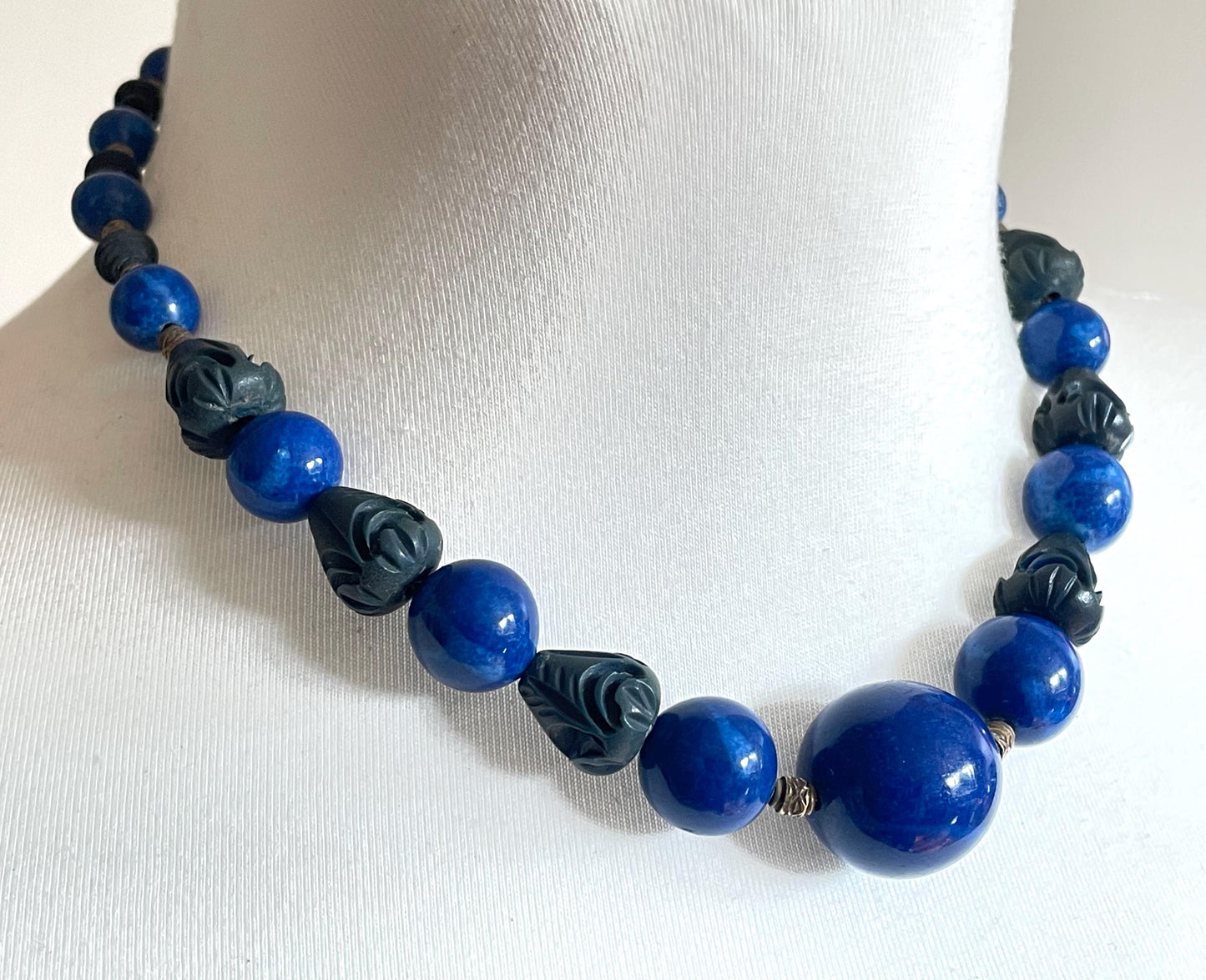 Vintage Louis Rousselet Art Deco bright blue glass, carved galalith and gold tone bead necklace, strung on slim foxtail chain - as seen