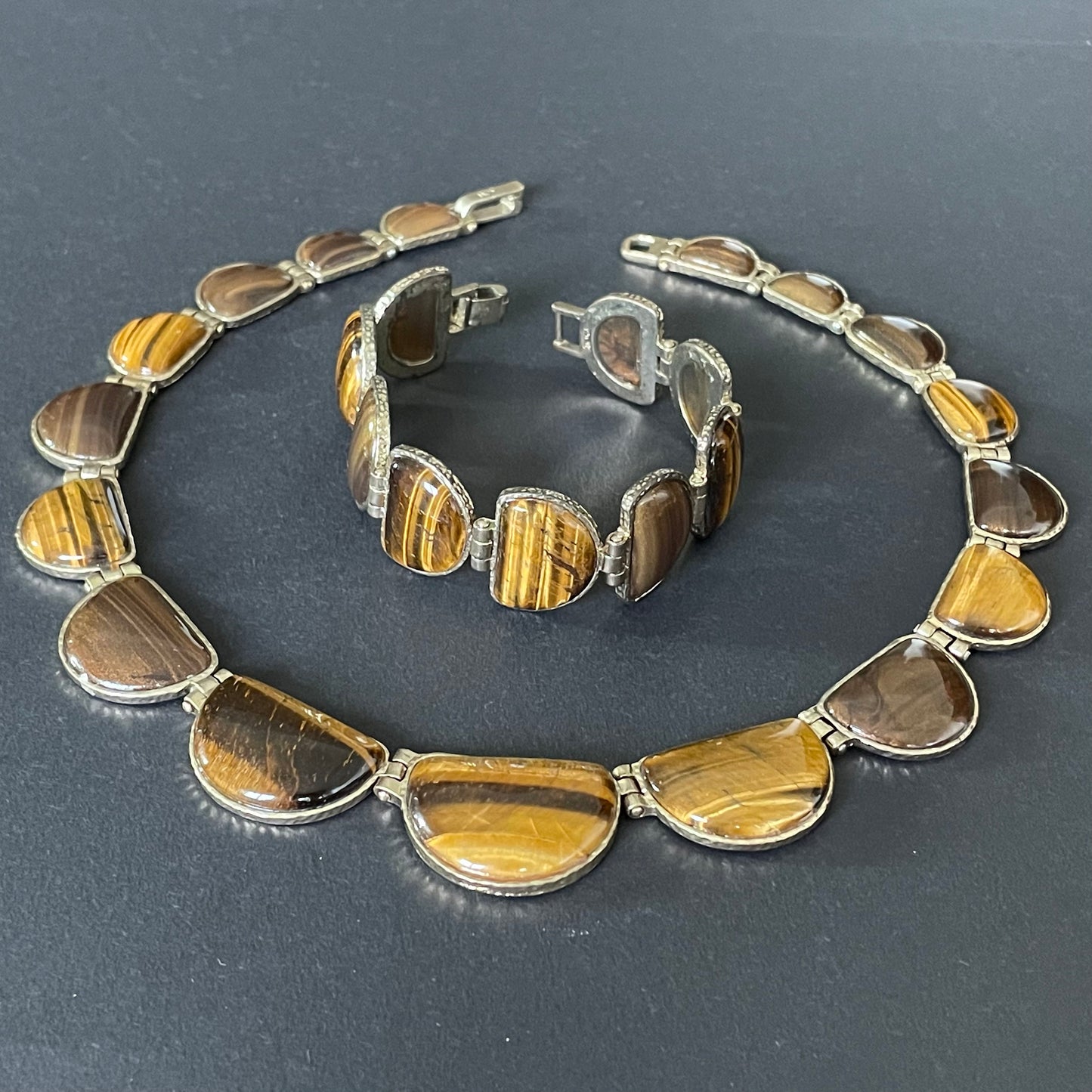 Vintage signed Monet necklace and bracelet set beautiful tigers eye gemstone half moon cabochon Art Deco design