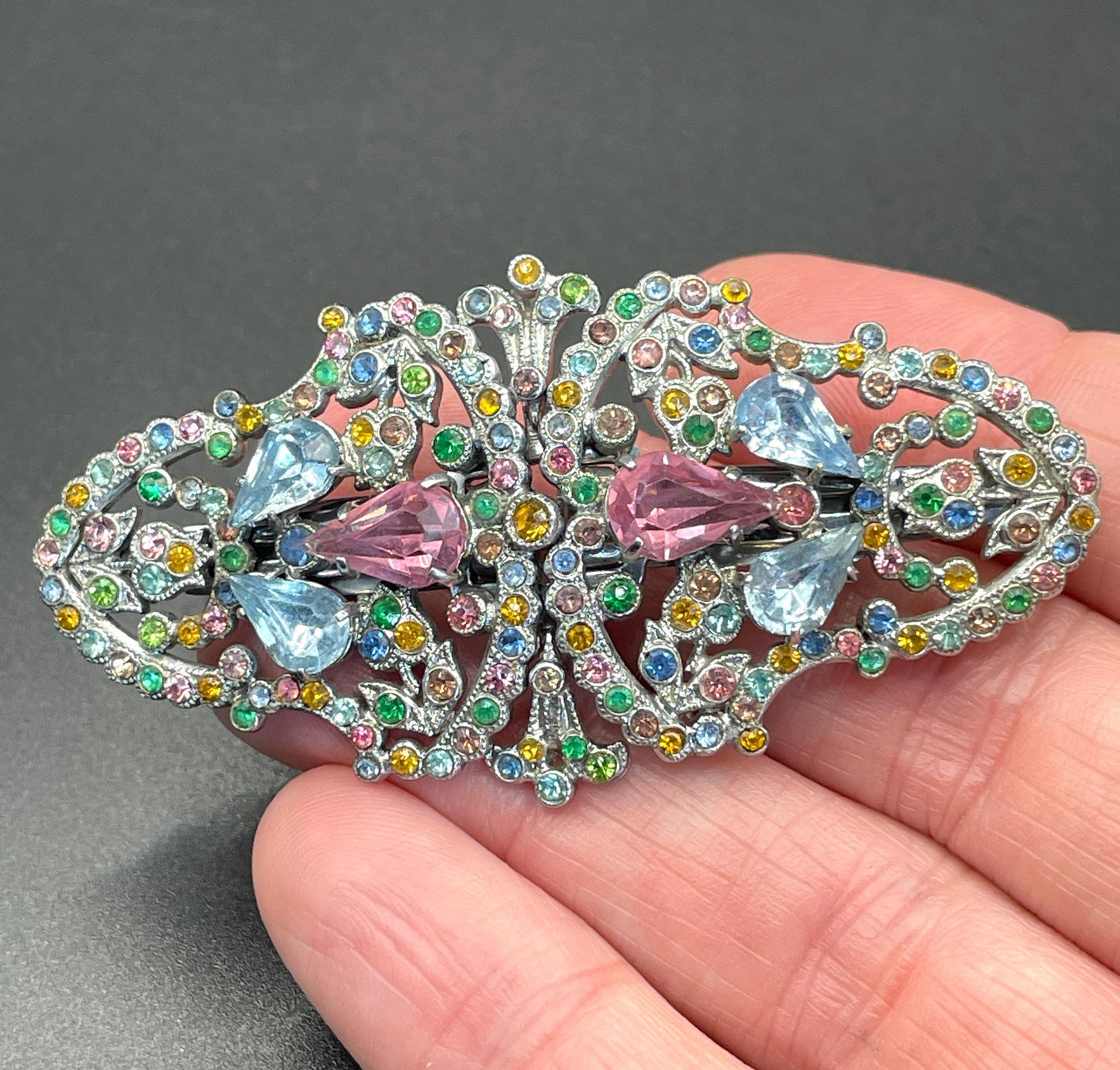 Vintage Art Deco Czech duette with multi-coloured rhinestones - a silver tone filigree brooch that can be converted to two dress clips