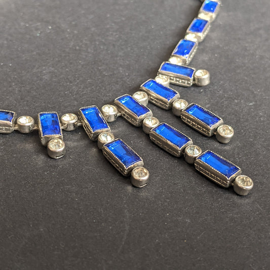 Vintage / antique Bristol blue and clear paste collet set crystal, silver plated riviere necklace with baguette stones and central fringe