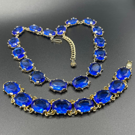 Vintage vibrant royal blue large crystal riviere necklace and bracelet set, by Sphinx, a very rare colour