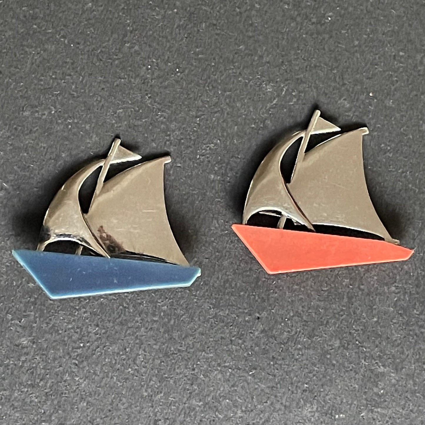 Choice of two vintage Jakob Bengel yacht / boat brooch - Art Deco machine age, beautiful blue or orange galalith and chrome pin