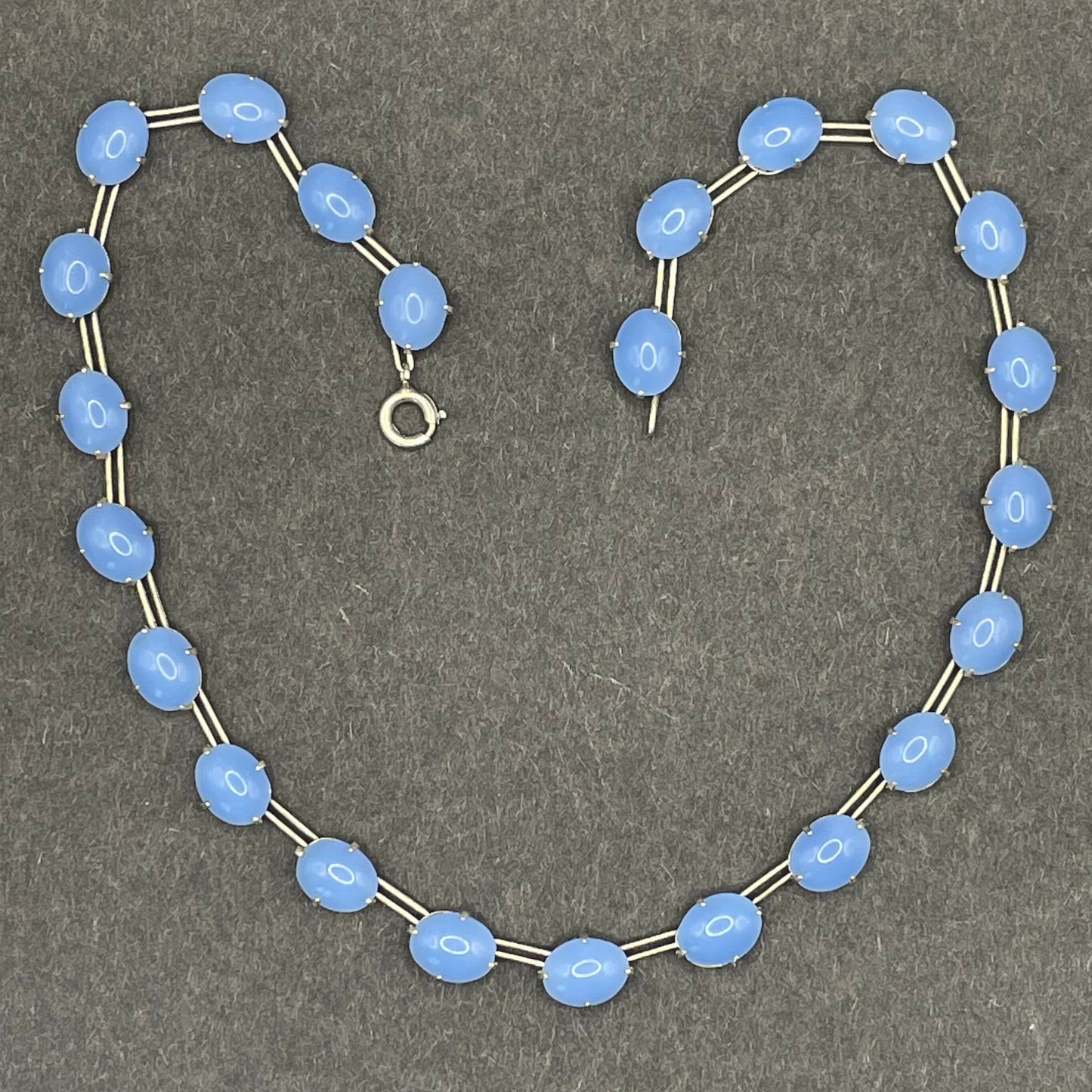 Vintage Sterling silver Art Deco bezel set baby blue glass cabochon riviere necklace, open-backed large oval stones, hallmarked