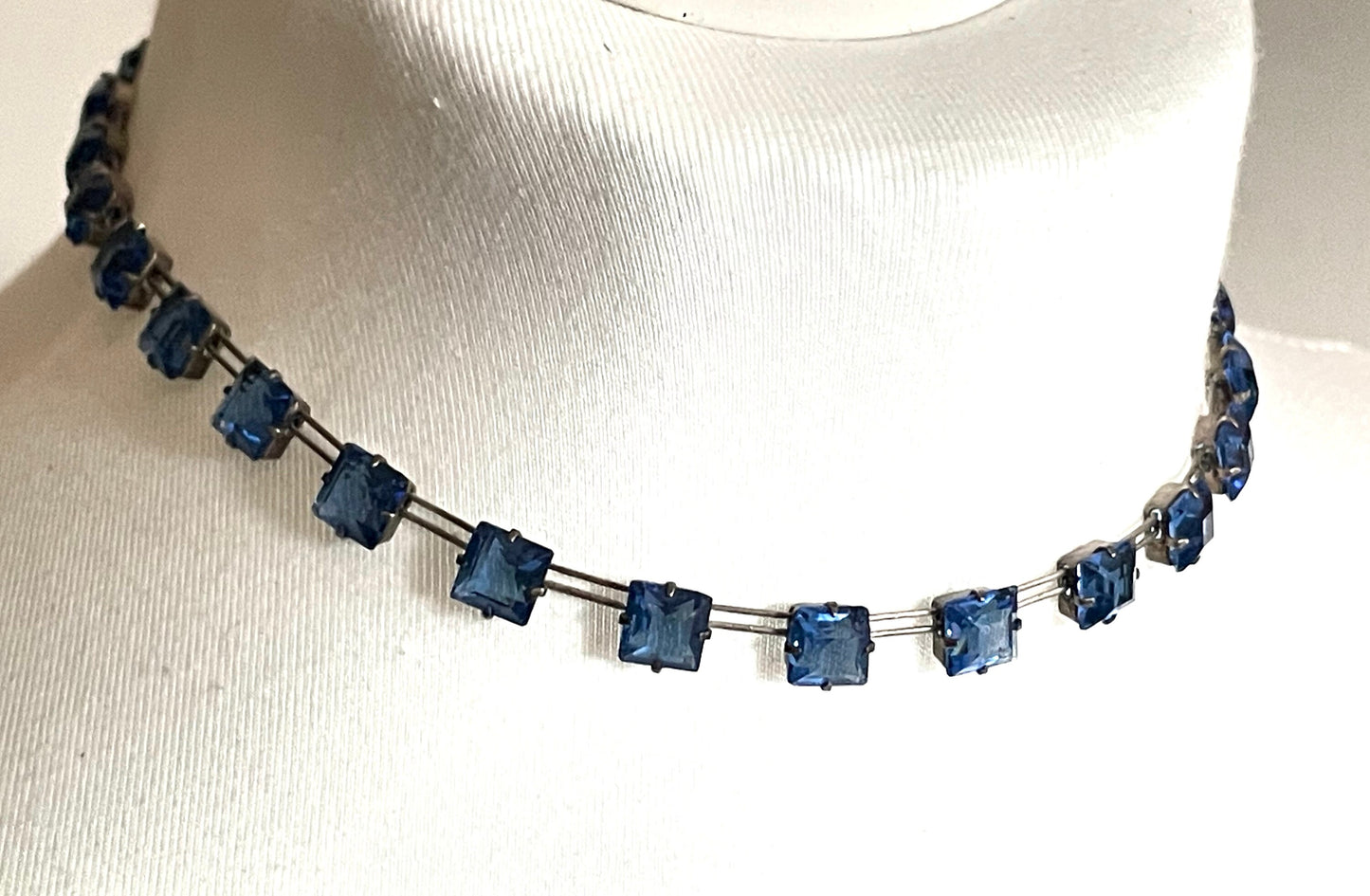 Vintage Sterling silver Art Deco bezel set sapphire blue crystal riviere necklace, open-backed princess cut (square) rhinestones, hallmarked