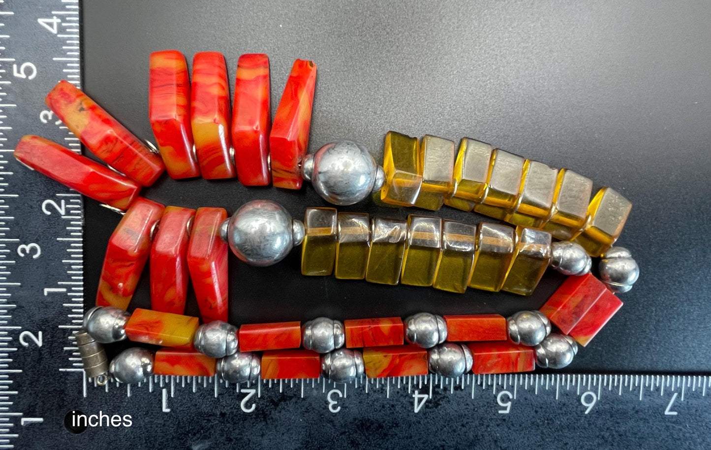 Vintage classic Art Deco geometric galalith (early plastic) bead fringe necklace, orange and chrome, on foxtail chain - Louis Rousselet ?