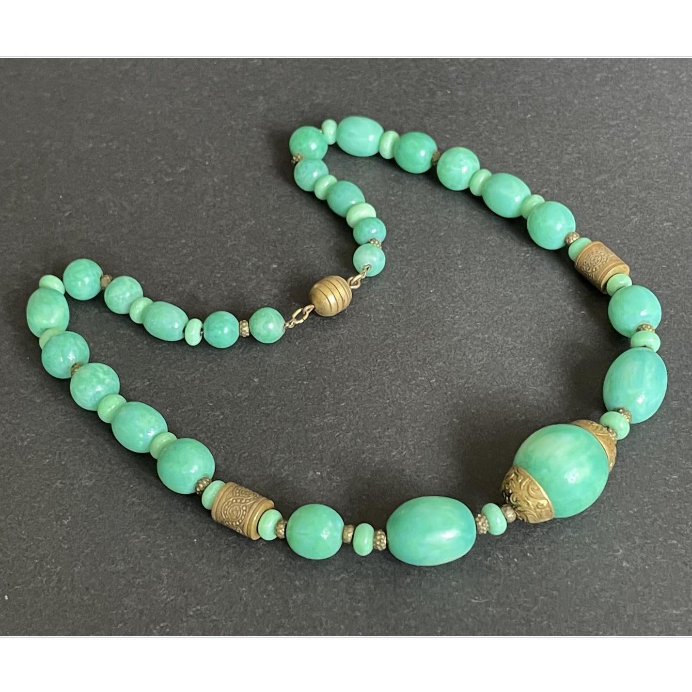 Vintage Louis Rousselet Art Deco green Peking style glass and ornate gold tone bead necklace, Made in France beehive clasp, foxtail chain