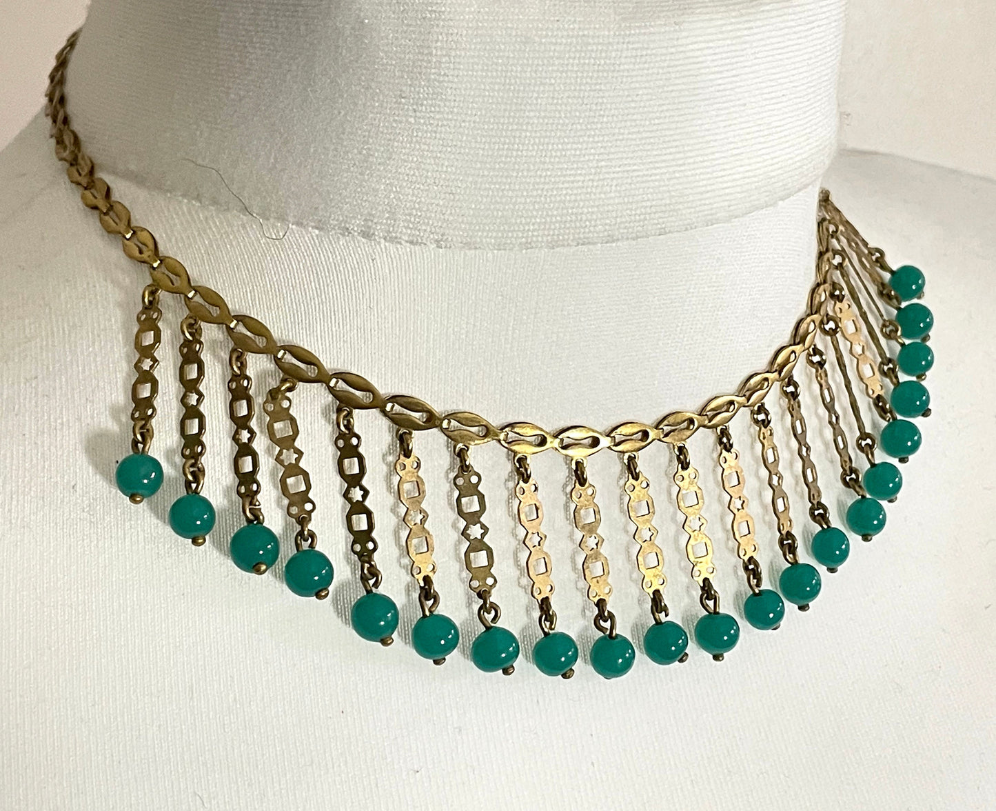 Vintage Art Deco machine age gold tone and jade green glass bead fringe necklace, beautiful workmanship, possible Jakob Bengel