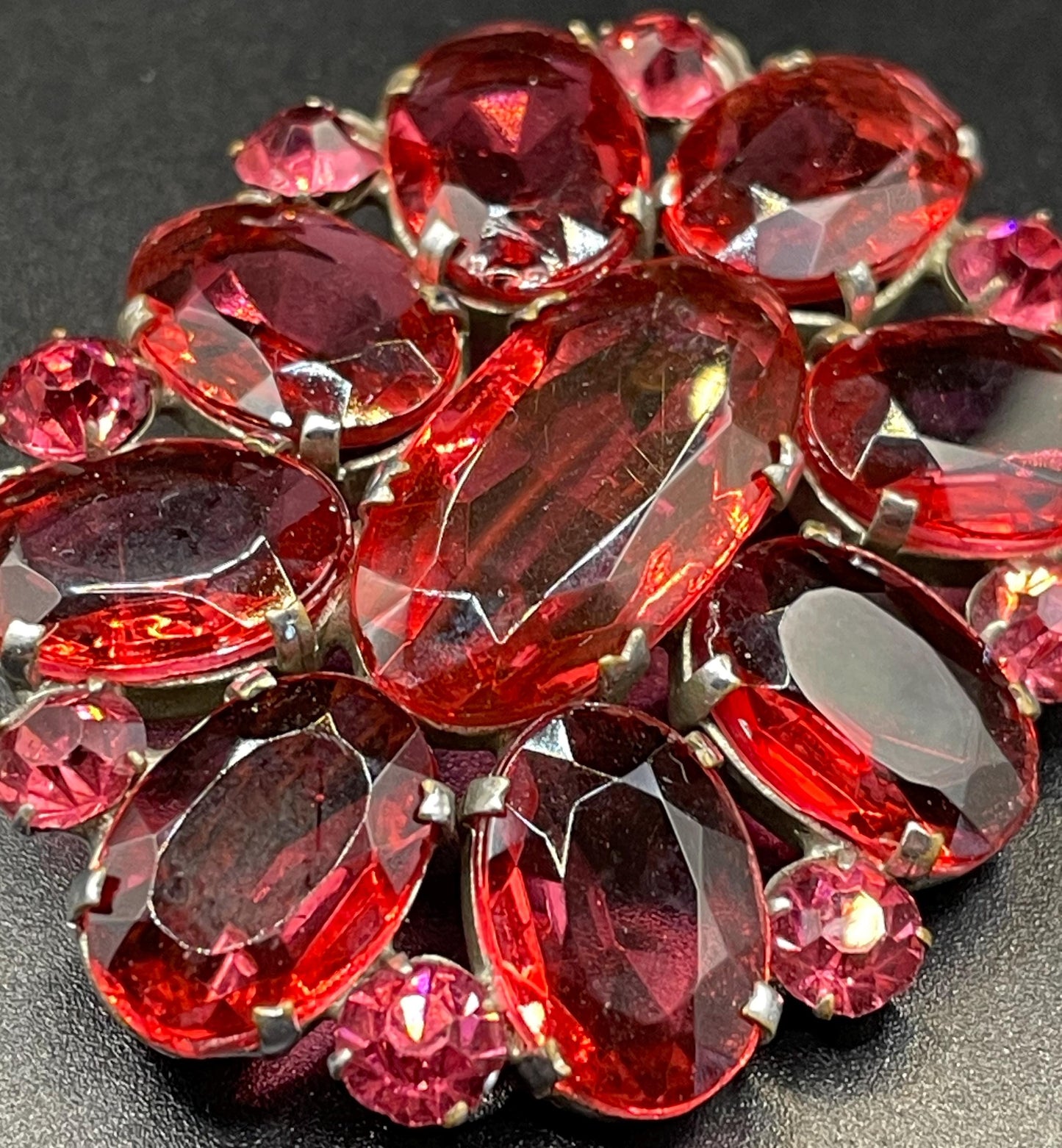 Large vintage Art Deco ruby pink glass rhinestone, open-backed, pale antique gold tone brooch pin, stunning pink colour