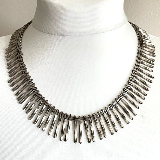 Vintage Jakob Bengel Art Deco machine age chrome mid-length fringe necklace, extremely rare design, beautiful workmanship